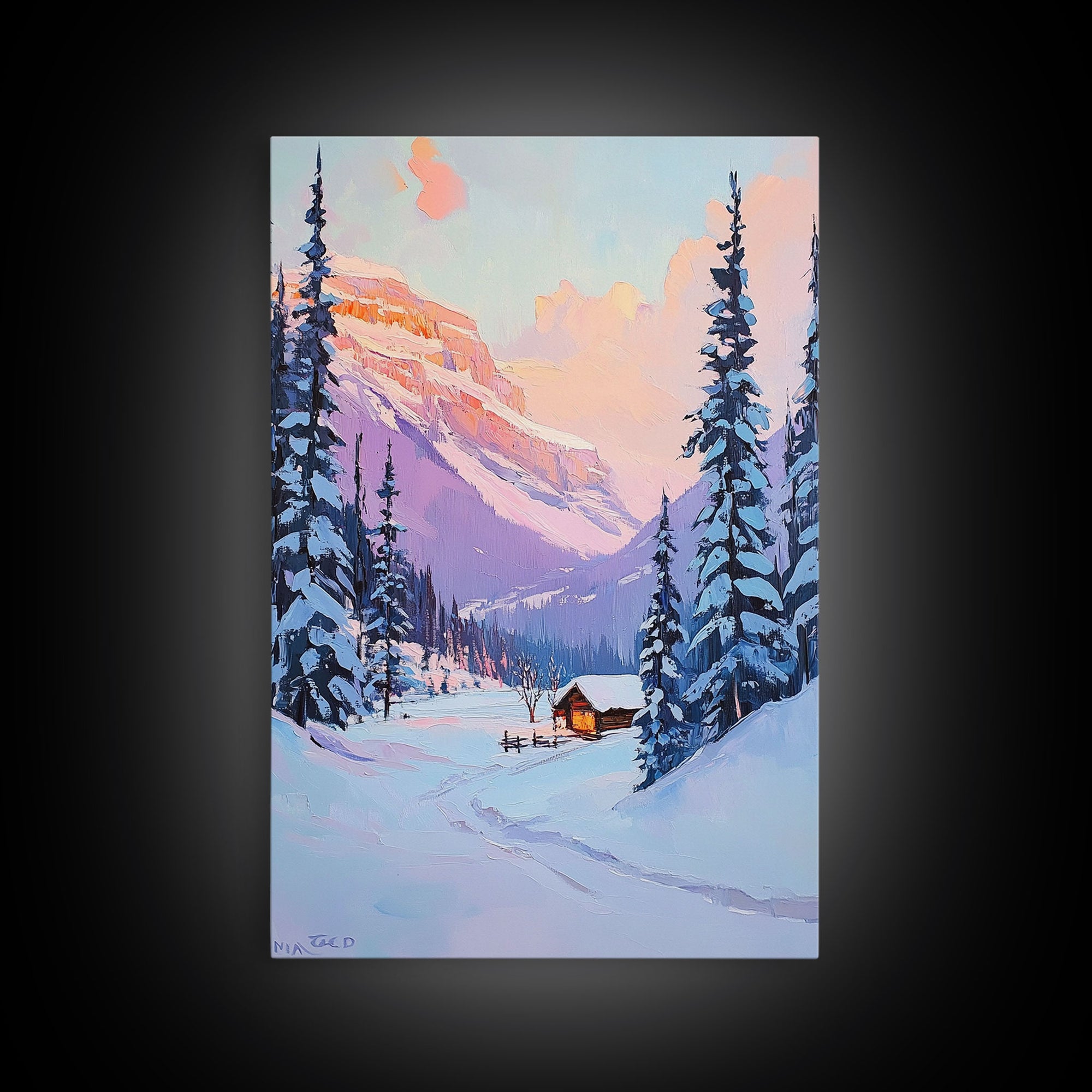 Snowy Cabin at Sunset Framed Canvas Print, Cozy Mountain Retreat with Snow-Covered Pines, Winter Landscape Art for Decor and Rustic Wall Art