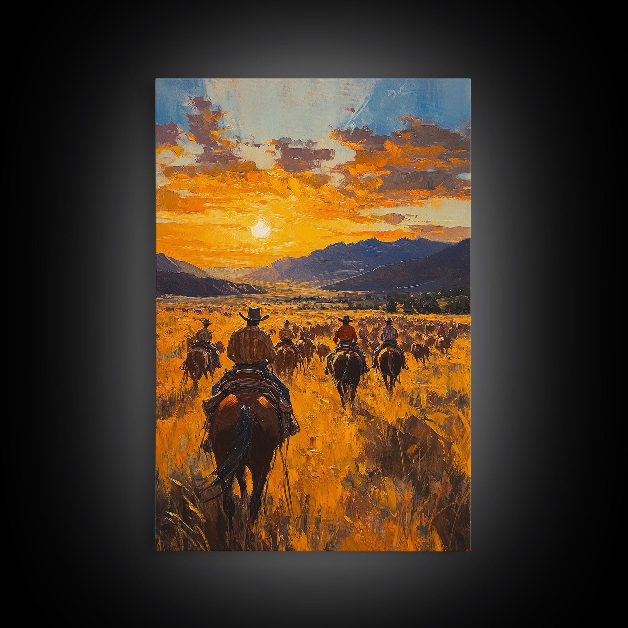 Cowboy Riders at Dusk Framed Canvas Print, Warm Sunset Western Scene with Riders on the Plains, Fall Decor Ranch Homes and Country Wall Art