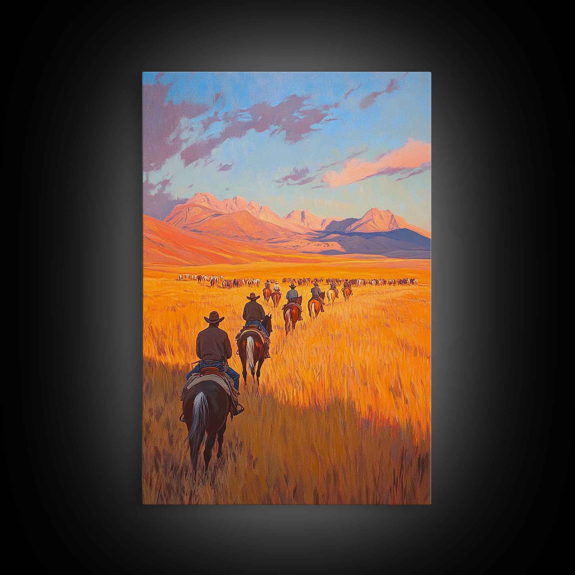 Cowboy Campfire Framed Canvas Print, Evening Gathering with Riders Around Fire, Western Landscape Art for Fall or Winter Home Decor