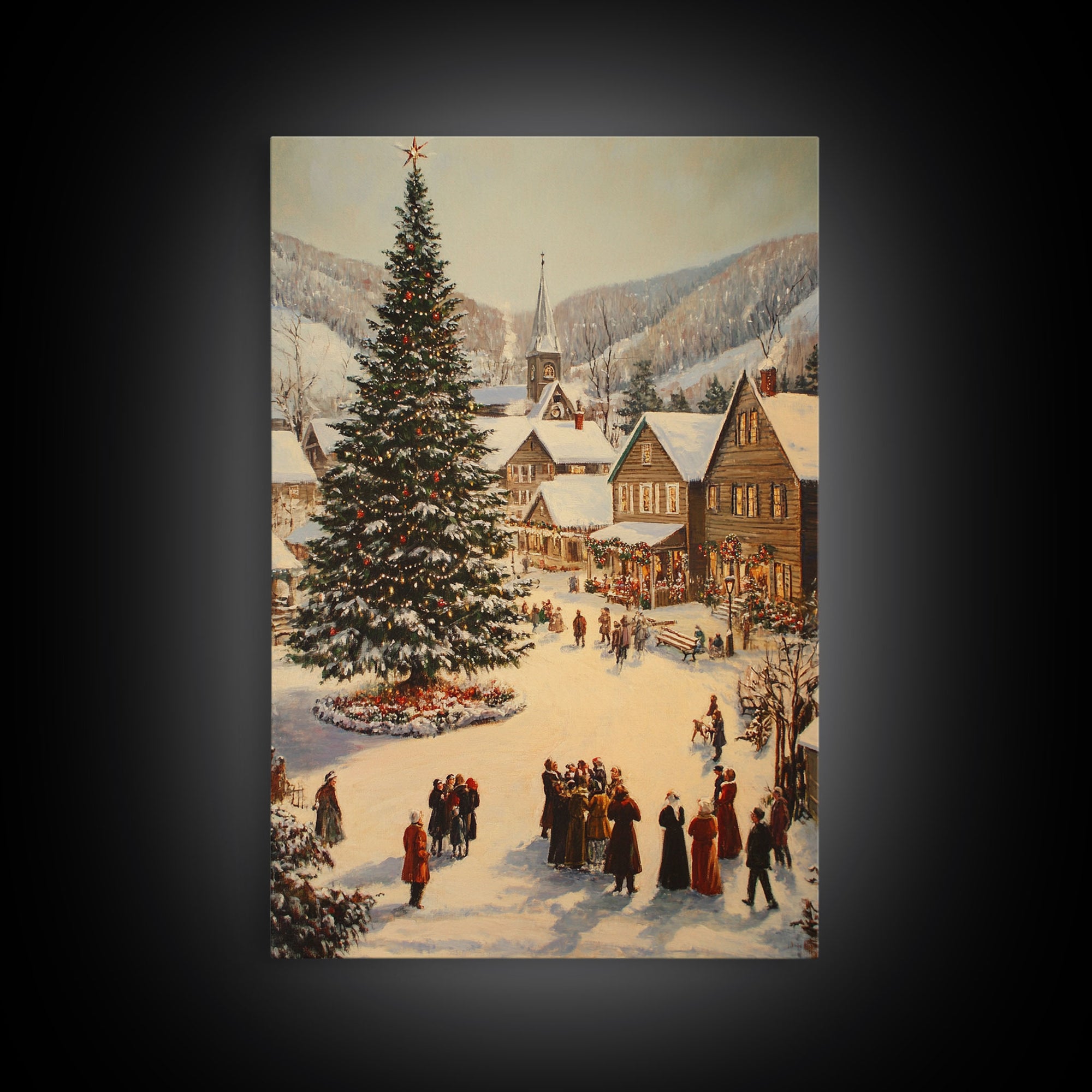 Victorian Christmas Village Framed Canvas Print, Festive Winter Scene Large Christmas Tree, Wall Art for Vintage Country or Farmhouse Decor