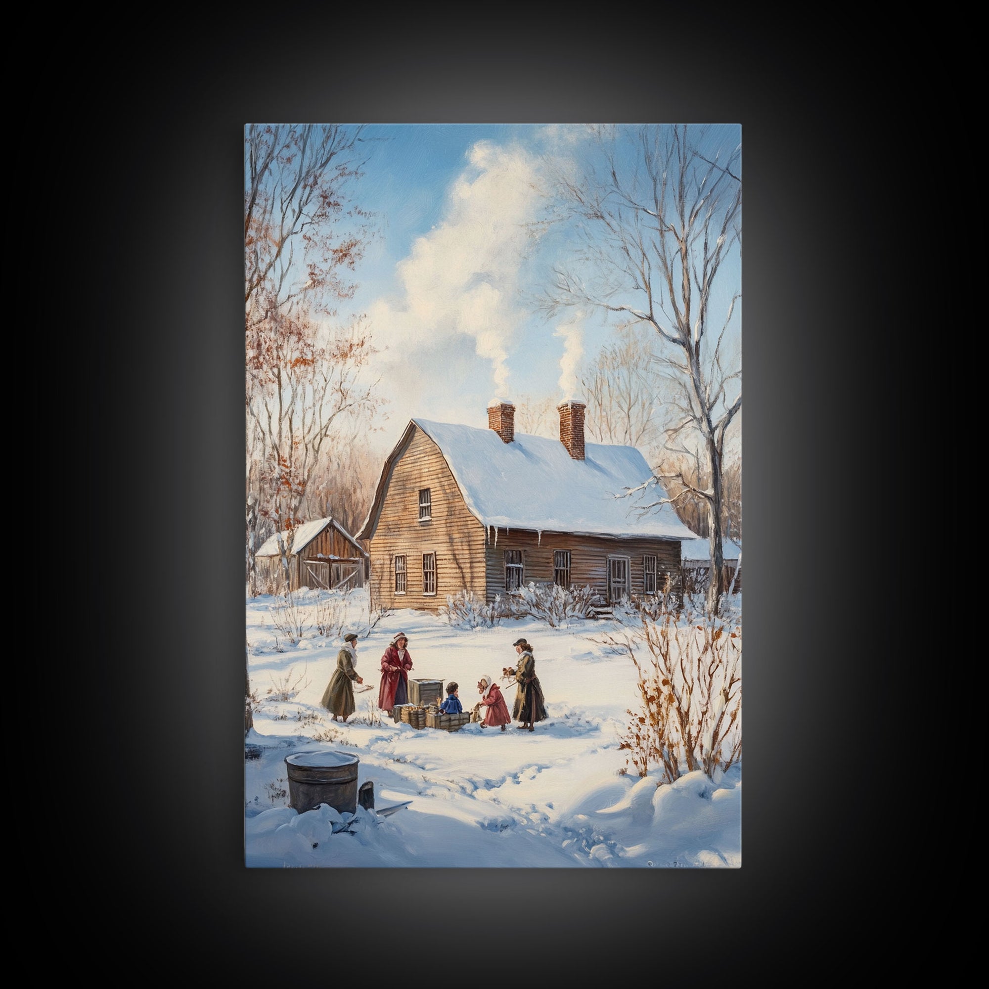 Snowy Country Homestead Framed Canvas Print, Winter Family Gathering Outside Farmhouse, Rustic Christmas Wall Art Holiday Seasonal Decor