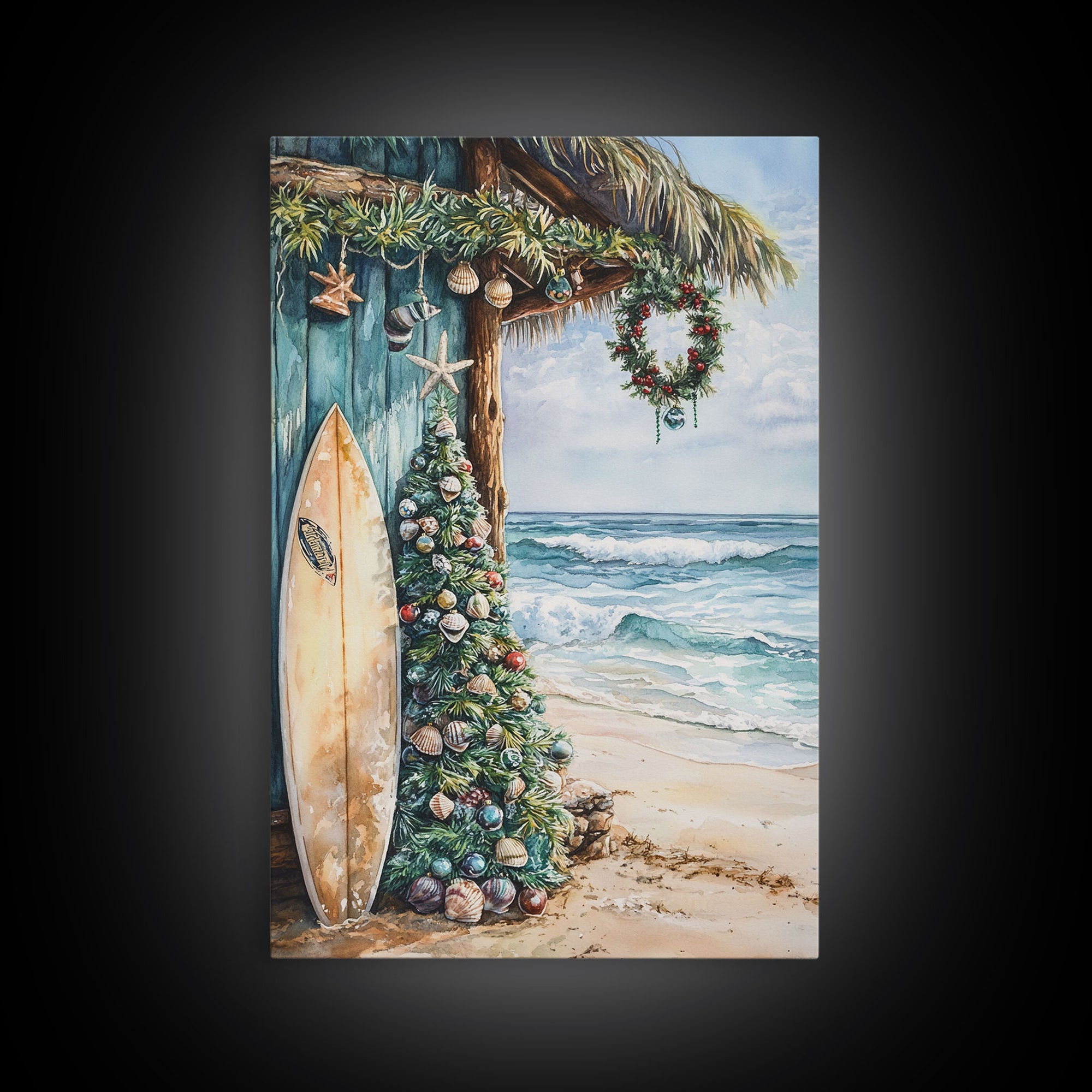 Surf Shack Christmas Framed Canvas Print, Beachfront Holiday Scene with Decorated Tree Surfboard, Coastal Wall Art Tropical Christmas Decor