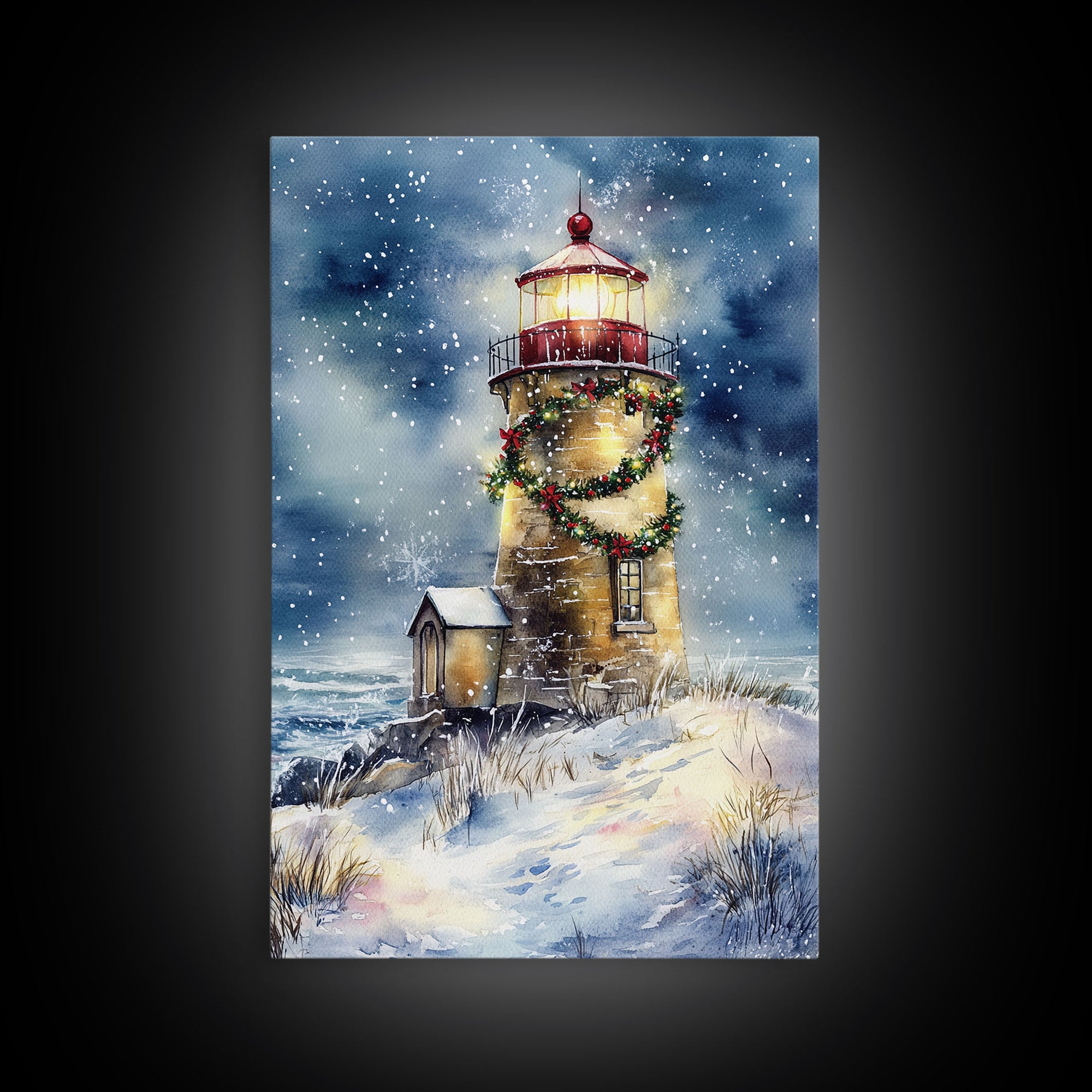 Snowy lighthouse under moonlit sky with wreath, Framed Canvas Print, beach Christmas decor for winter wonderland, holiday wall art