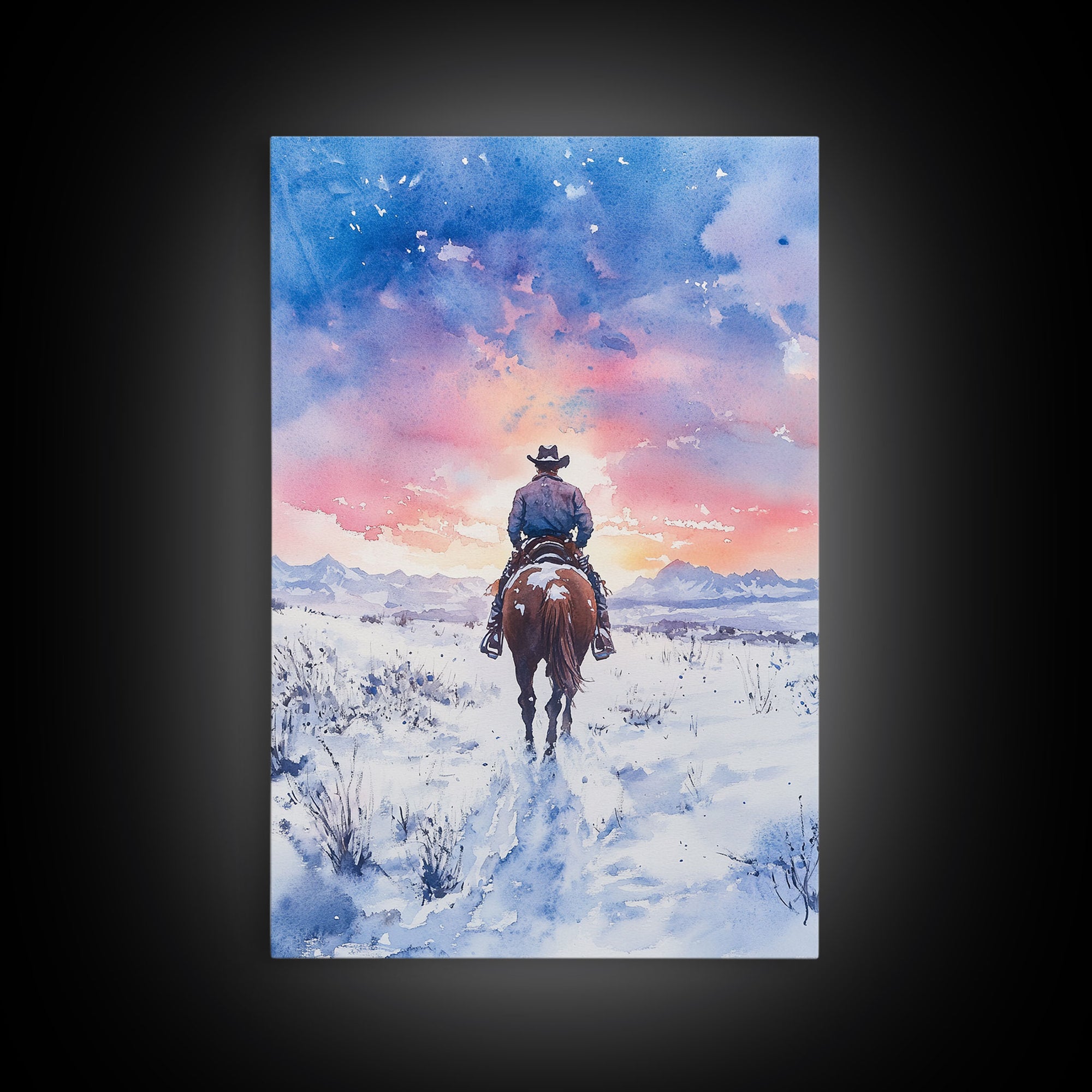 Cowboy riding through snowy sunset, Framed Canvas Print, winter landscape wall art, western decor for above sofa, rustic holiday decor