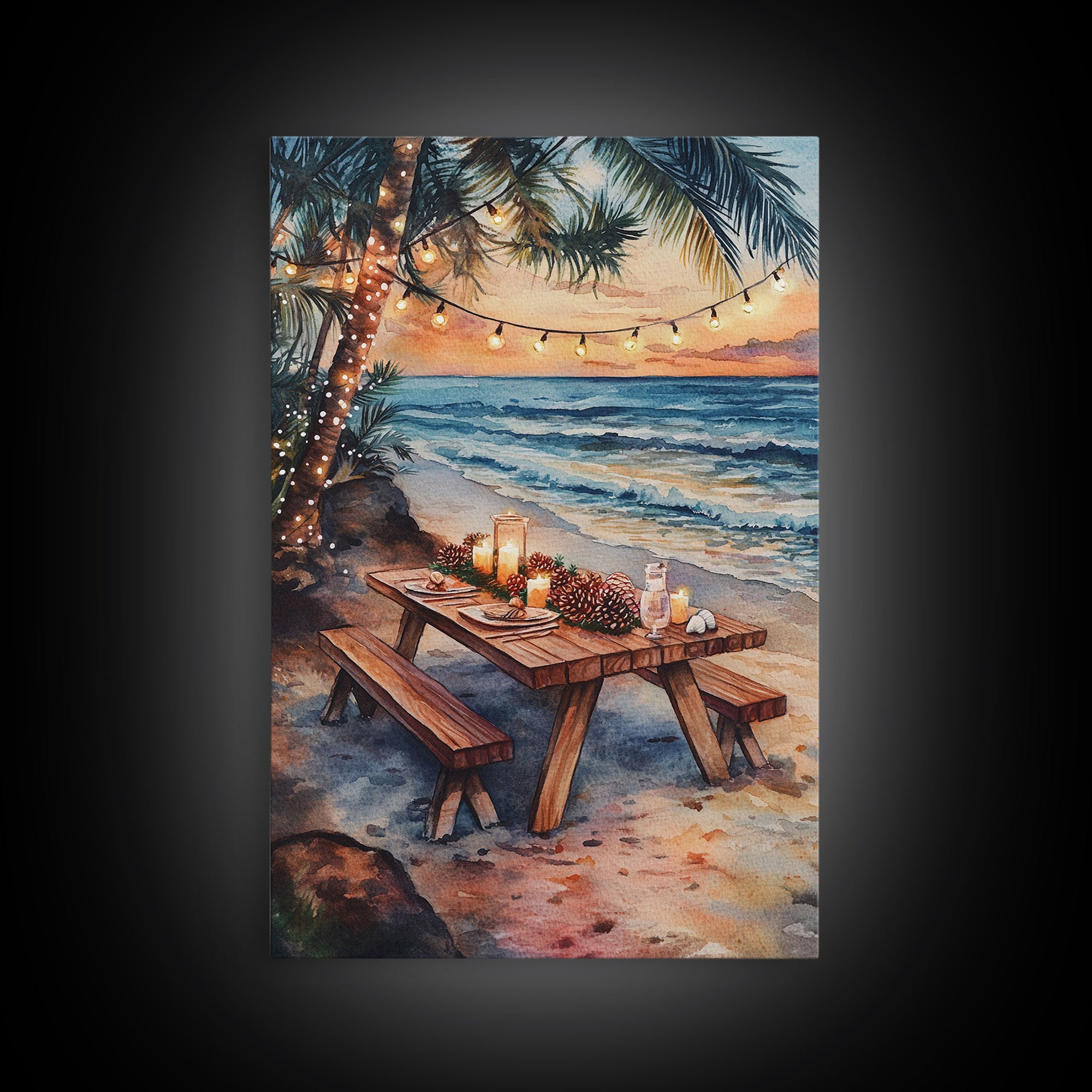 Sunset beach picnic with holiday lights and candles, coastal Christmas decor Framed Canvas Print, perfect tropical holiday art idea