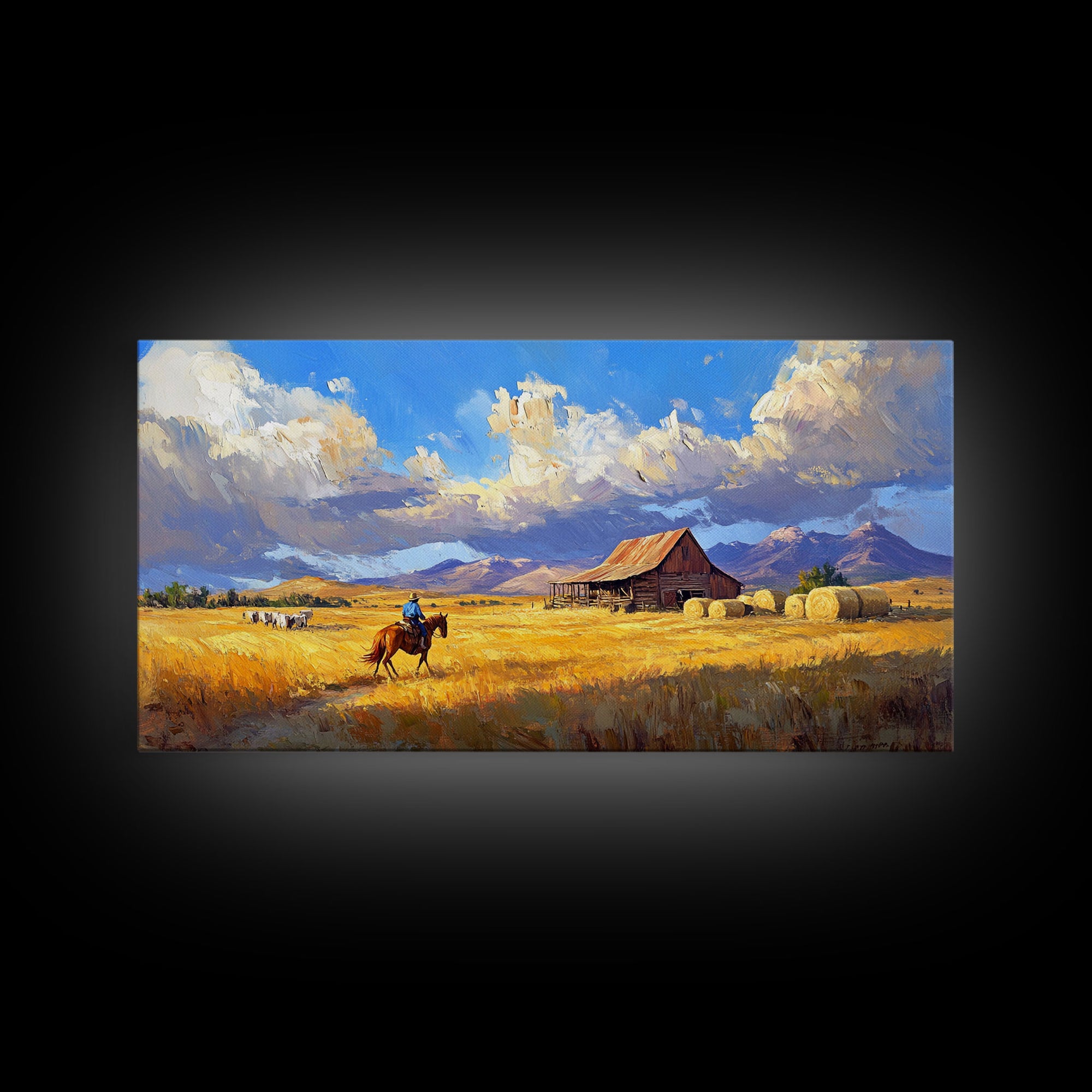 Lone Rider Crossing Golden Fields Tall Art Framed Canvas Print Rustic Cowboy Riding Horse Farmhouse Country Landscape With Cloudy Sky