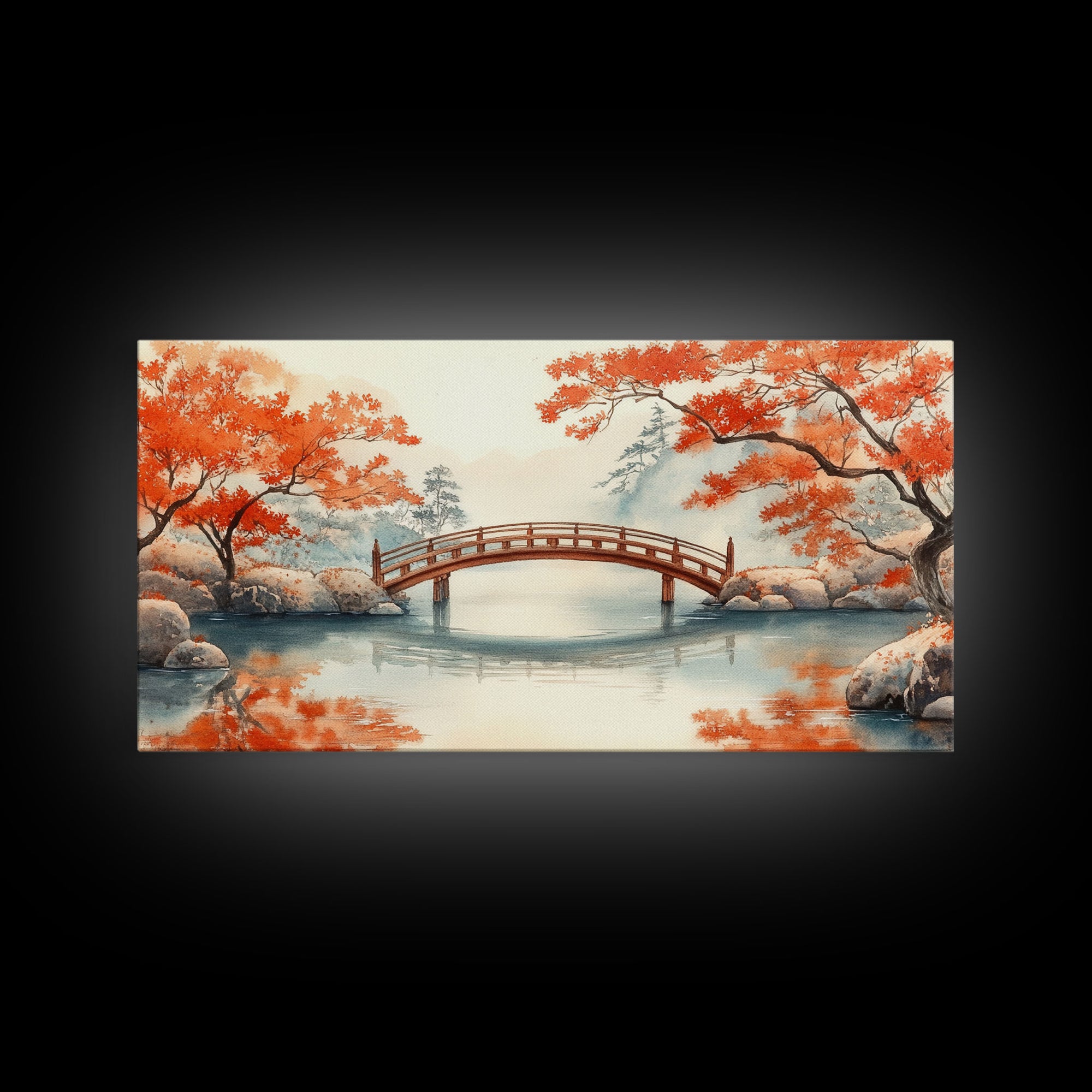 Tranquil Japanese Autumn Bridge Framed Canvas Print Fall Nature Scene Art Minimalist Wall Decor Seasonal Holiday Gift Idea 2024