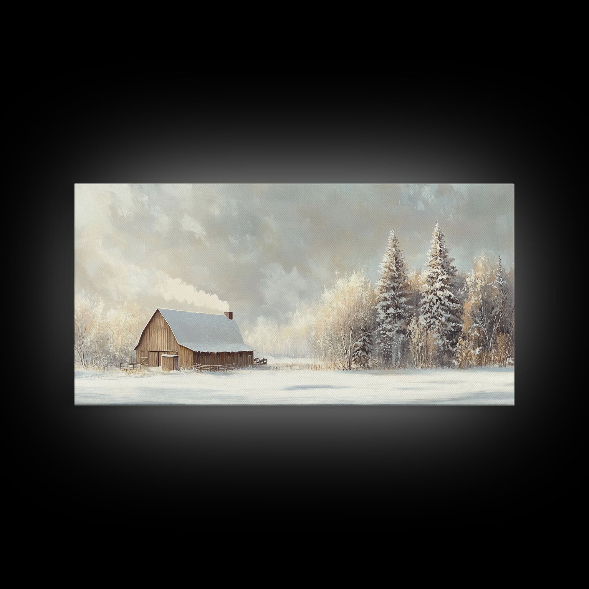 Snowy Barn In Winter Wonderland Tall Art Framed Canvas Print Tranquil Rustic Barn Covered In Snow With Pine Trees Winter Landscape