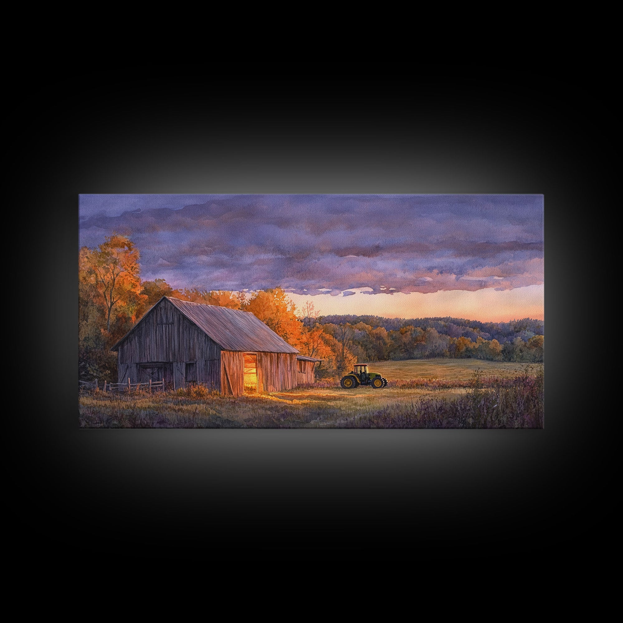 Rustic autumn farmhouse decor Canvas Print sunset landscape with tractor and barn moody landscape fall decor autumn wall art gift idea