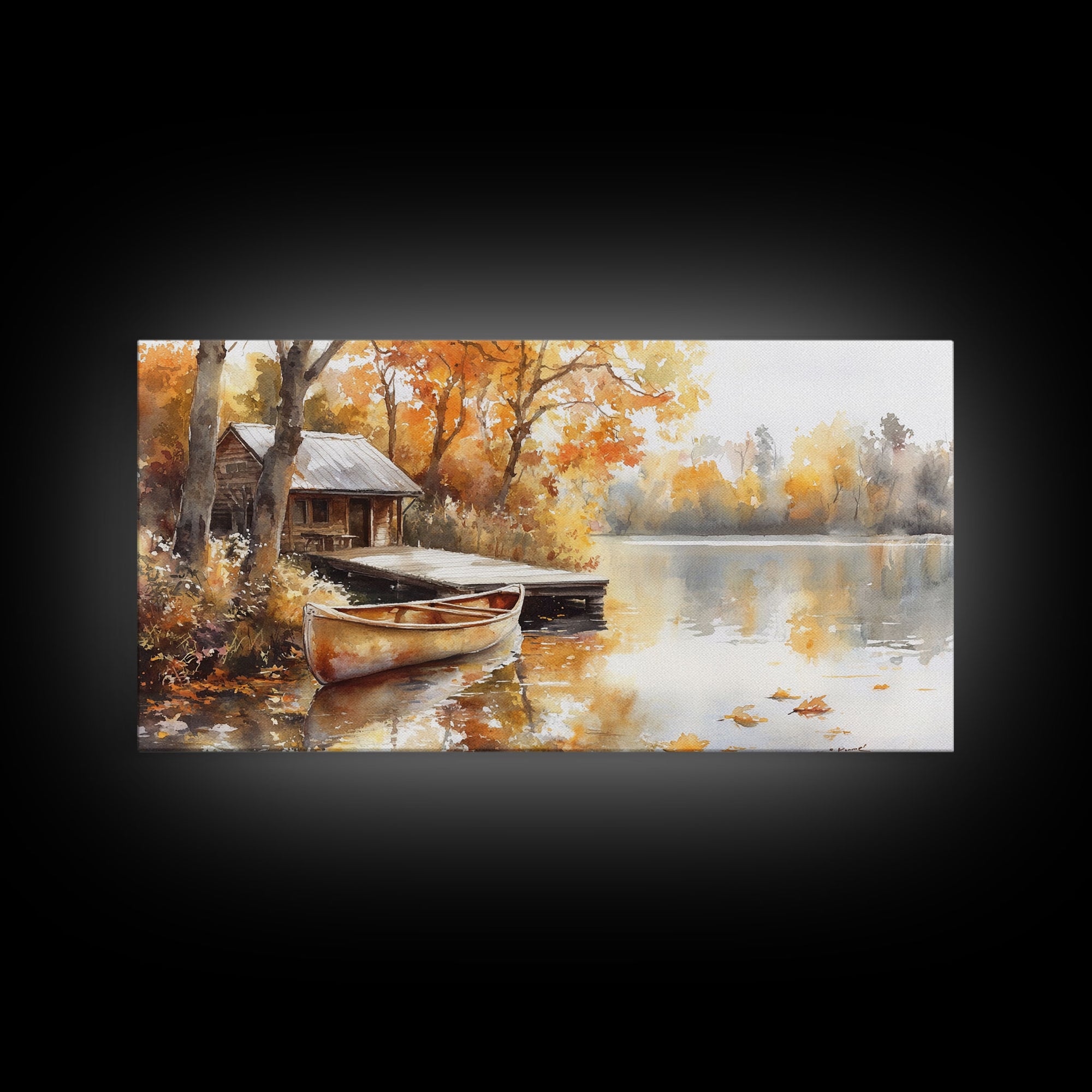 Autumn lakeside cabin decor Canvas Print fall colors cabin and canoe moody landscape rustic seasonal wall art autumn home decor gift idea