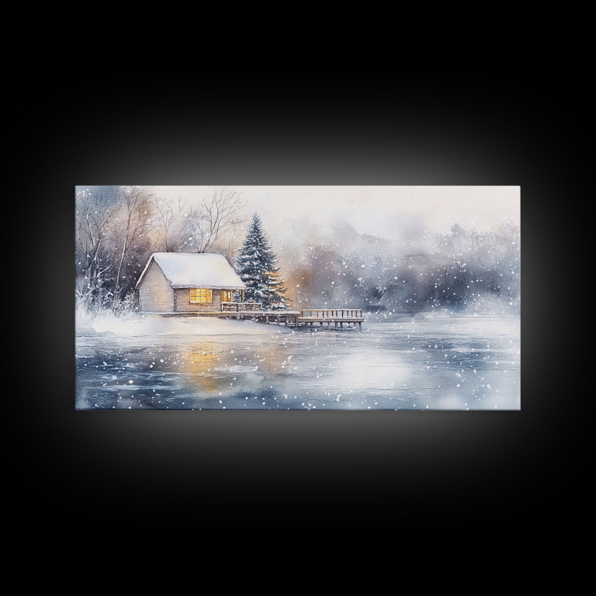 Christmas winter cabin Framed Canvas Print snowy lakeside cabin Christmas tree cozy holiday decor winter wonderland art Christmas wall decor