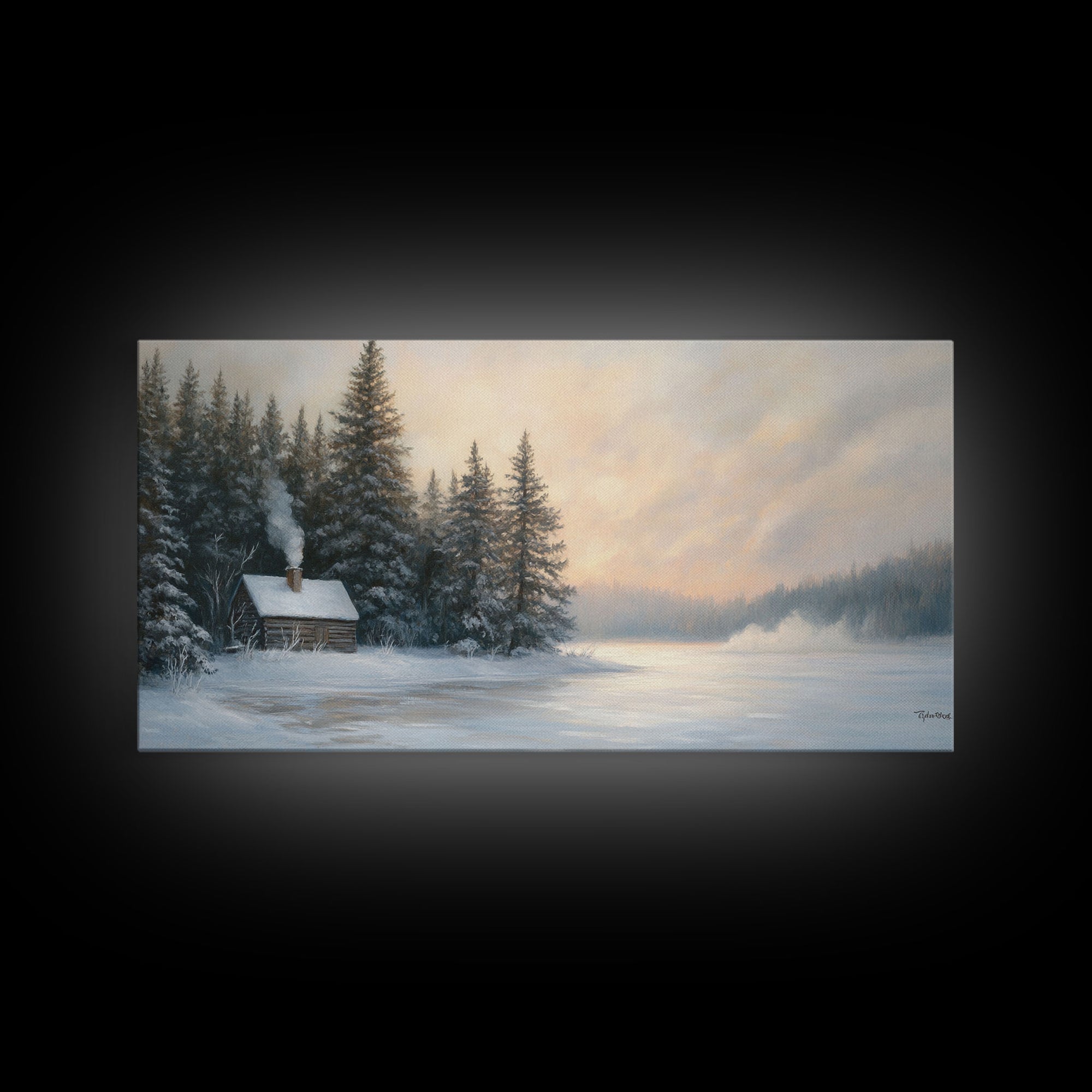 Winter Cabin By The Lake Tall Art Framed Canvas Print Snow Covered Cabin In Peaceful Forest With Winter Wonderland Scene