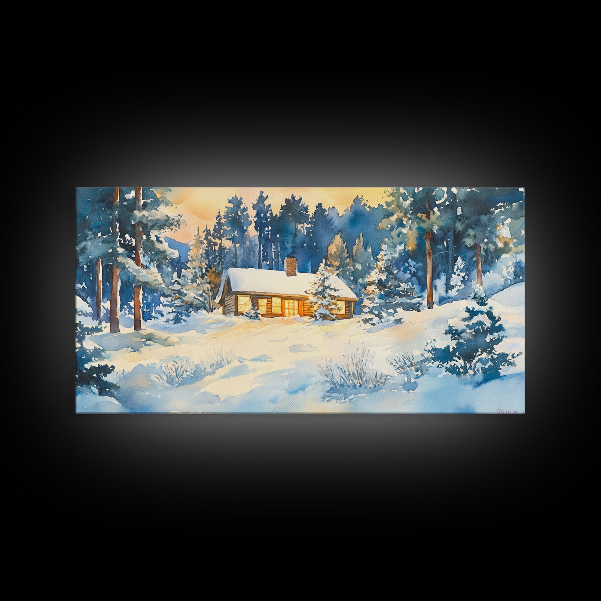 Winter cabin decor Framed Canvas Print snowy cabin and trees winter wonderland cozy holiday wall art gift idea Christmas home decor