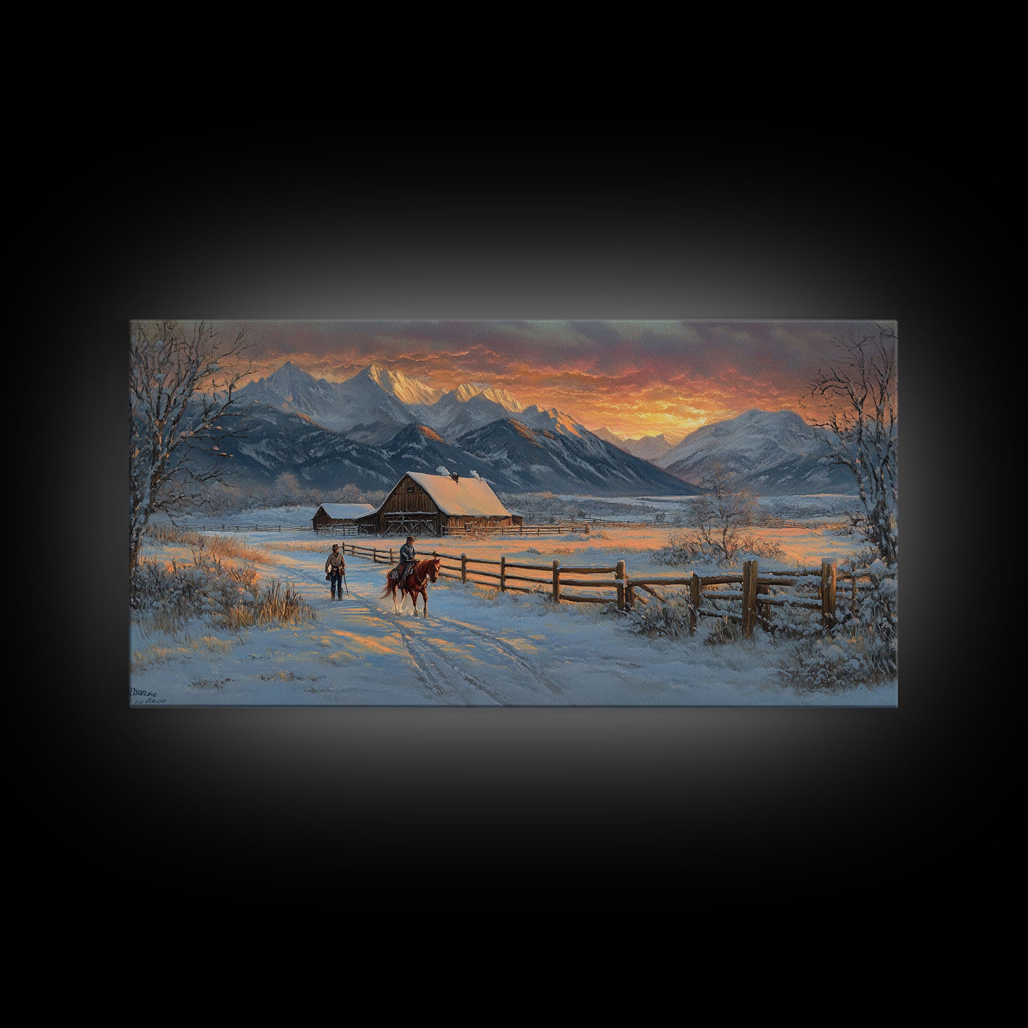 Dawn on the Frontier - Christmas scene art, winter wonderland, rustic Christmas art, Christmas farmhouse decor, snowy mountain art