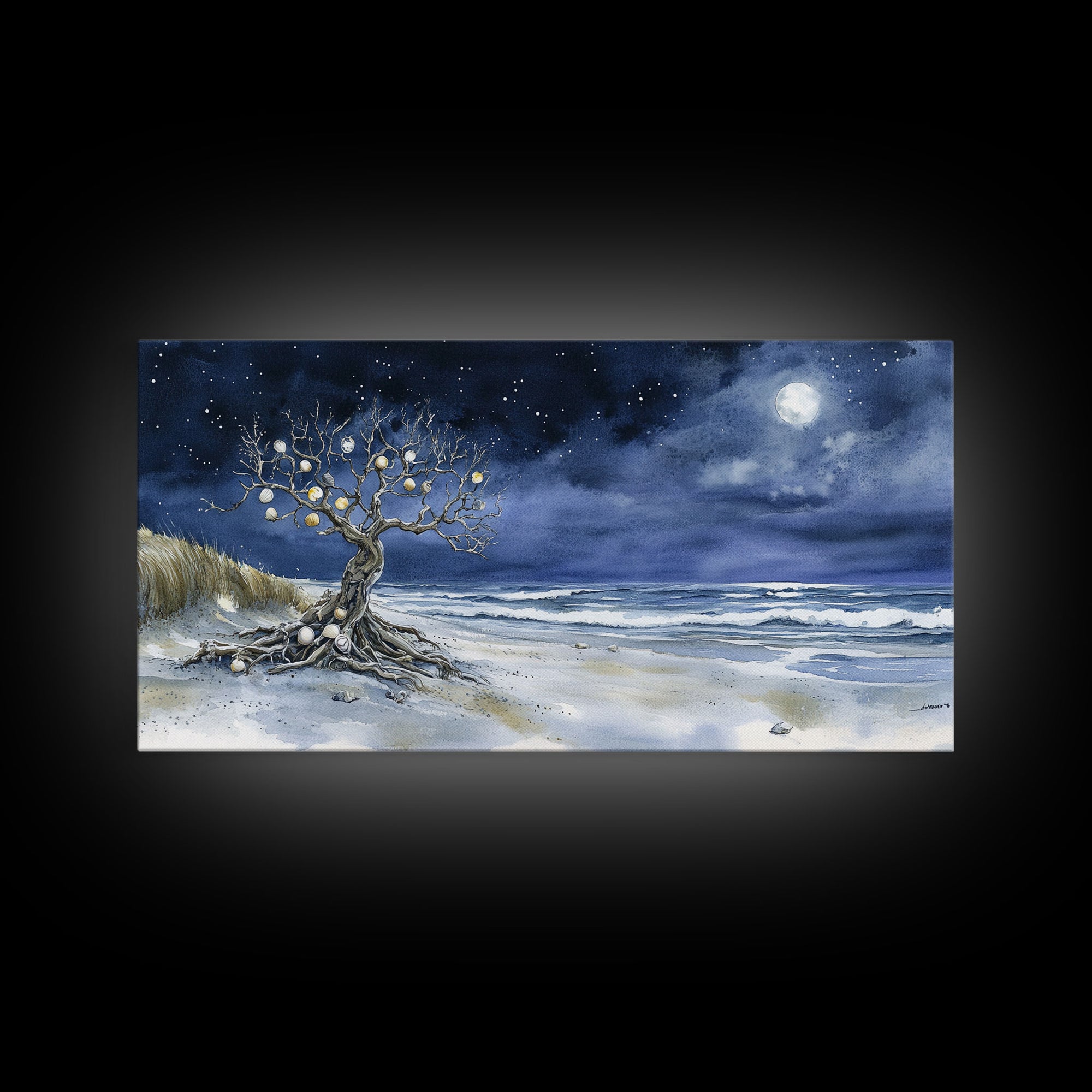 Moonlit Sea and the Tree of Ornaments - tropical Christmas, Christmas decor, Christmas wall art, Nordic Christmas decor, Christmas outdoor