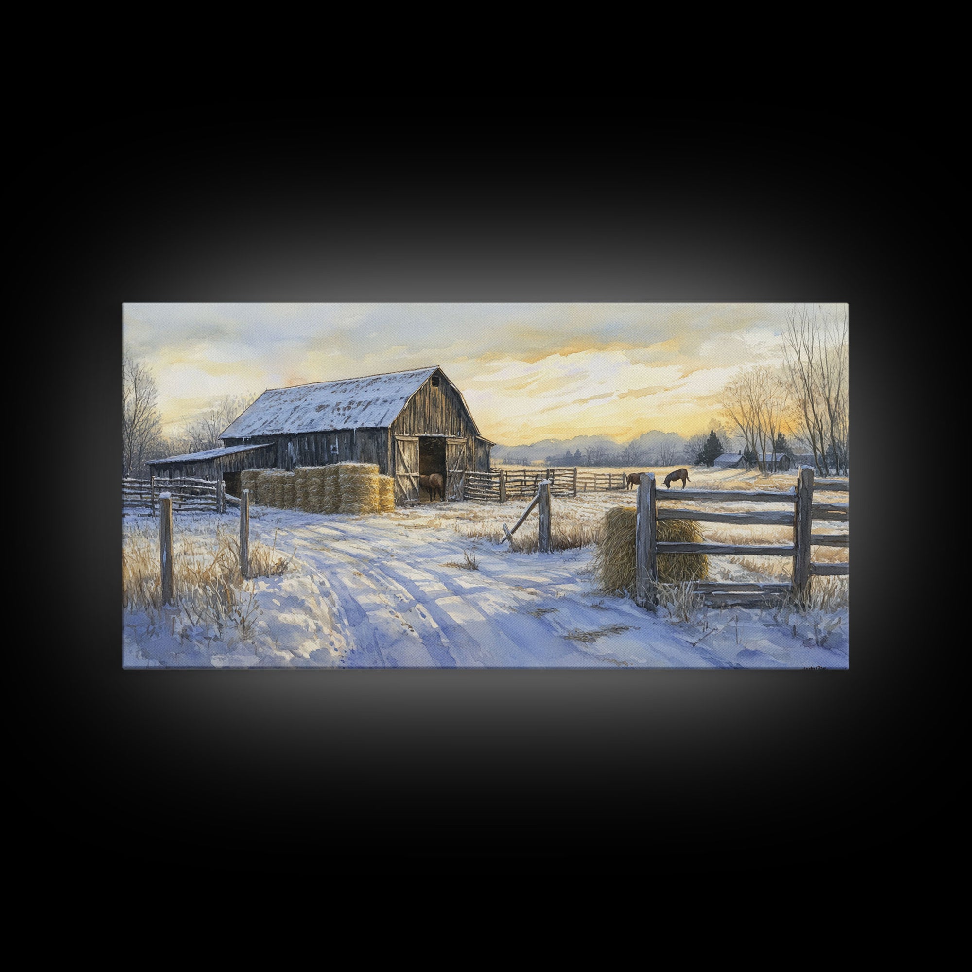 Snowy Barn Horses Canvas Print Winter Landscape Art Farmhouse Christmas Wall Art Framed Canvas Print Rustic Christmas Outdoor Decor