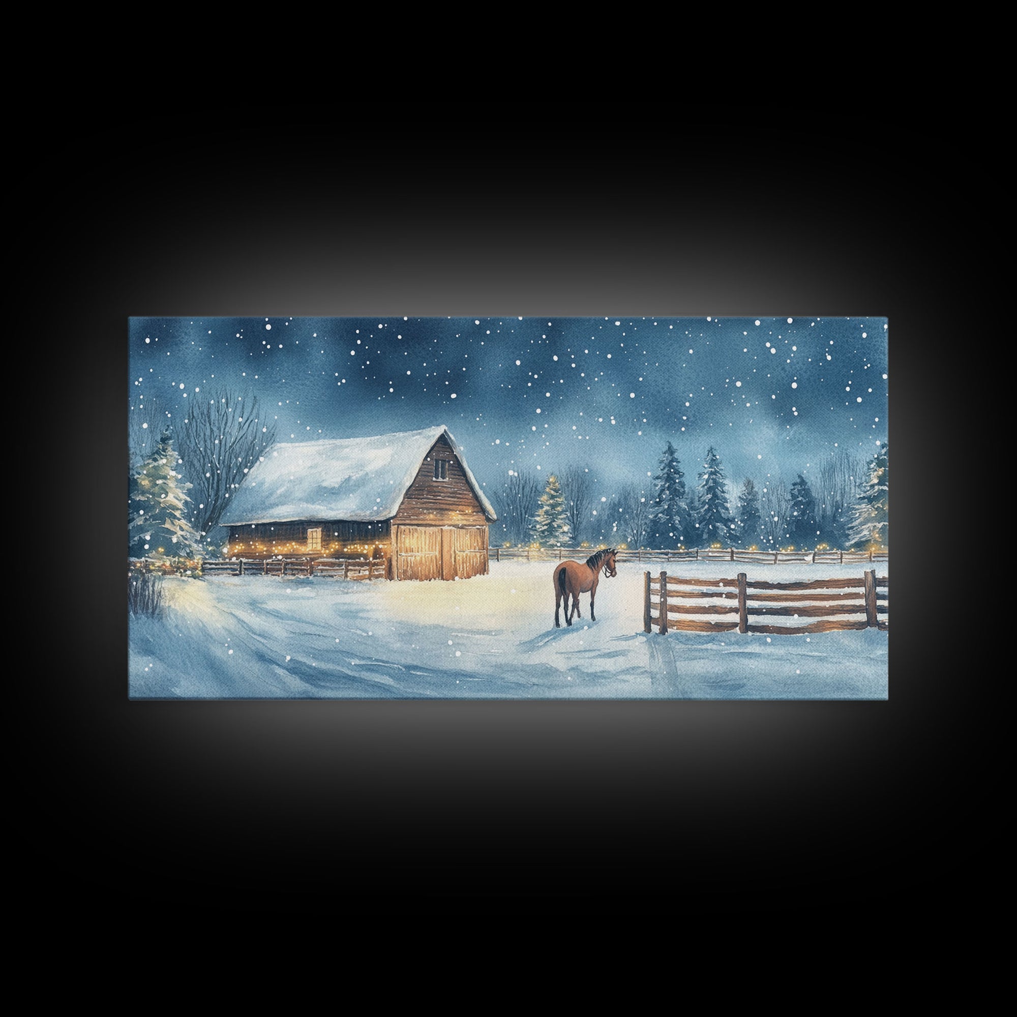 Snowy Horse Barn Canvas Print Christmas Farmhouse Decor Winter Wonderland Art Framed Canvas Print Christmas Outdoor Wall Art