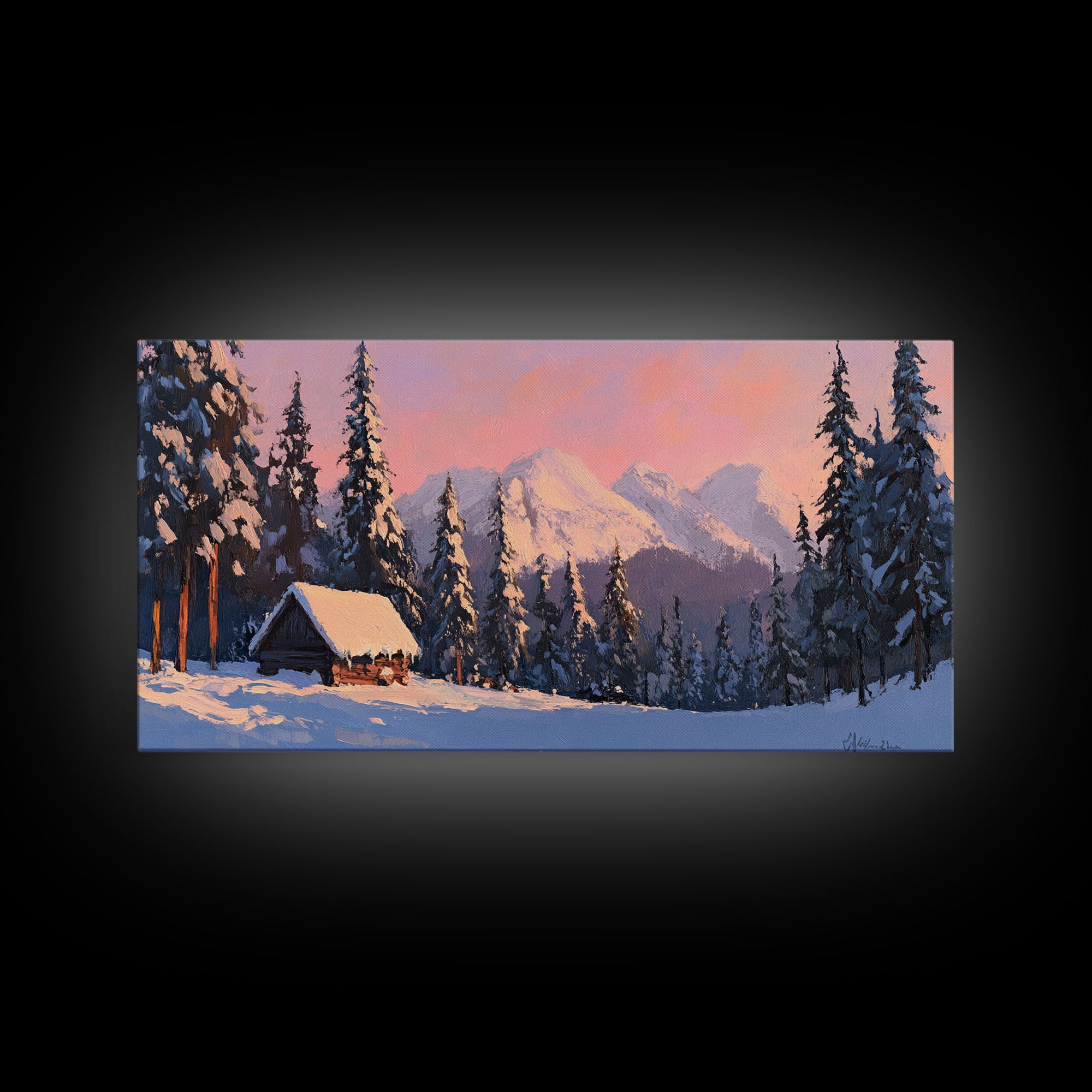 Snowy Mountain Cabin Tall Art Framed Canvas Print Cozy Winter Cabin Nestled In Snowy Forest With Majestic Mountain Landscape