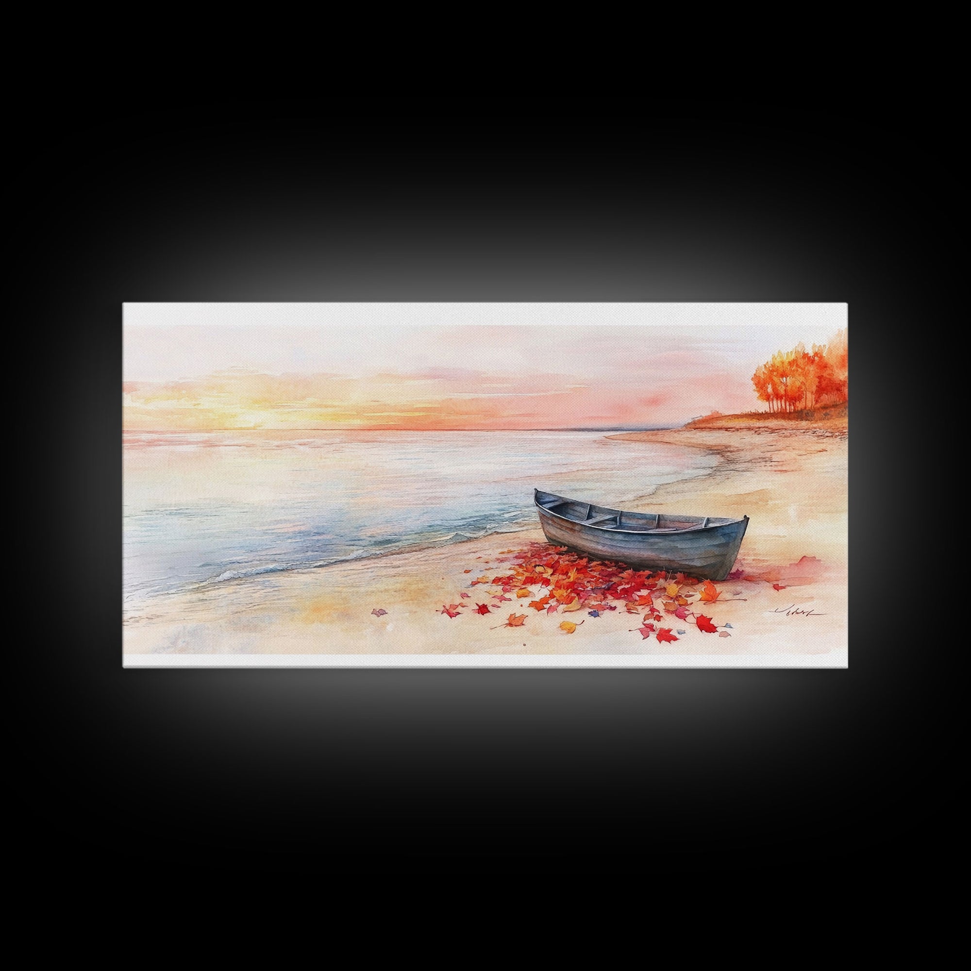 Autumn beach landscape art, fall sunset wall art, coastal boat decor, beach fall home decor, seasonal wall art gift, framed canvas print