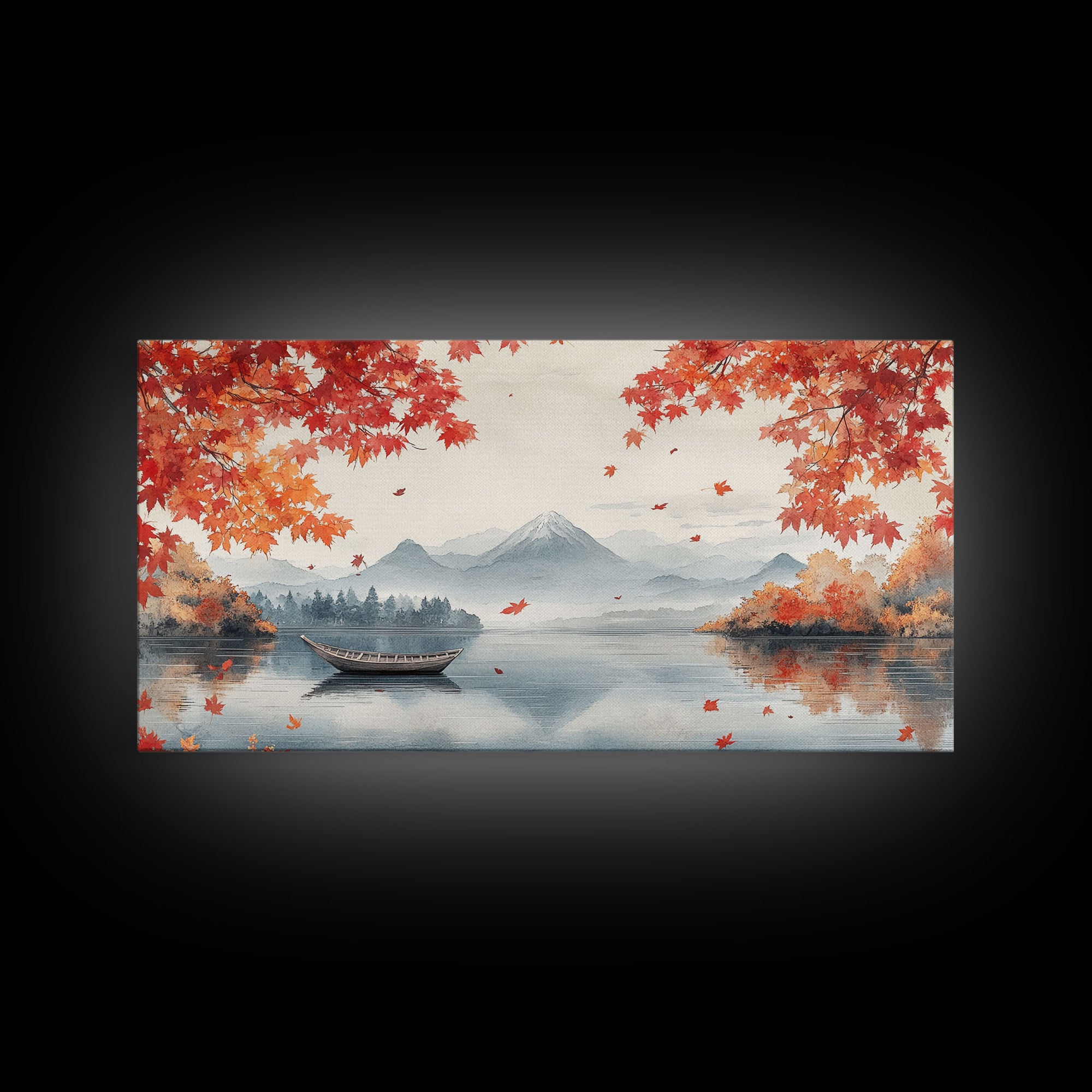 Mountain lake autumn art, fall leaves and boat decor, peaceful autumn landscape, serene fall wall art, framed canvas print, autumn decor