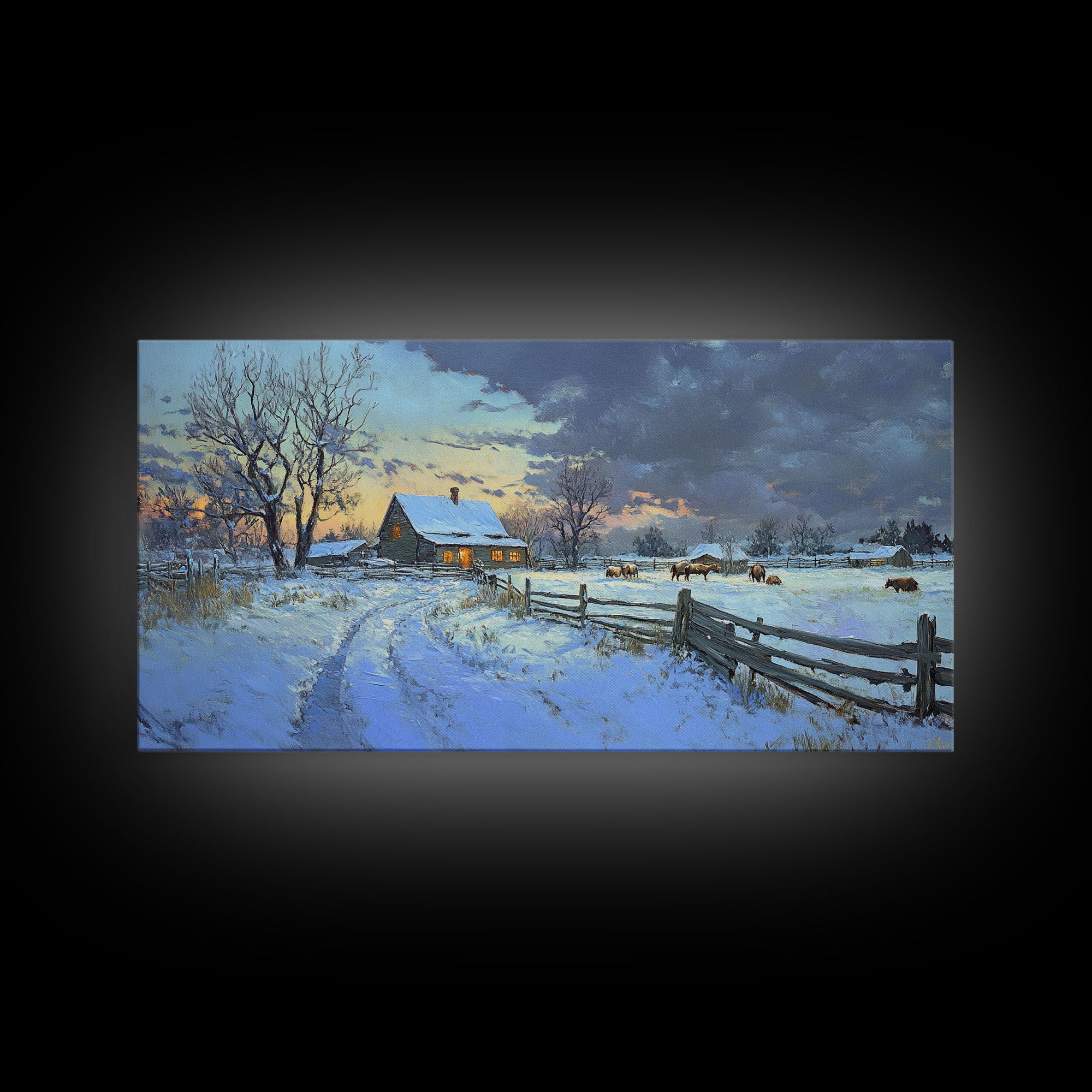 Beautiful Winter Snowy Farm Framed Canvas Print Rustic Christmas Decor, Christmas Wall Art and Holiday Art Prints, Gift Home Decor