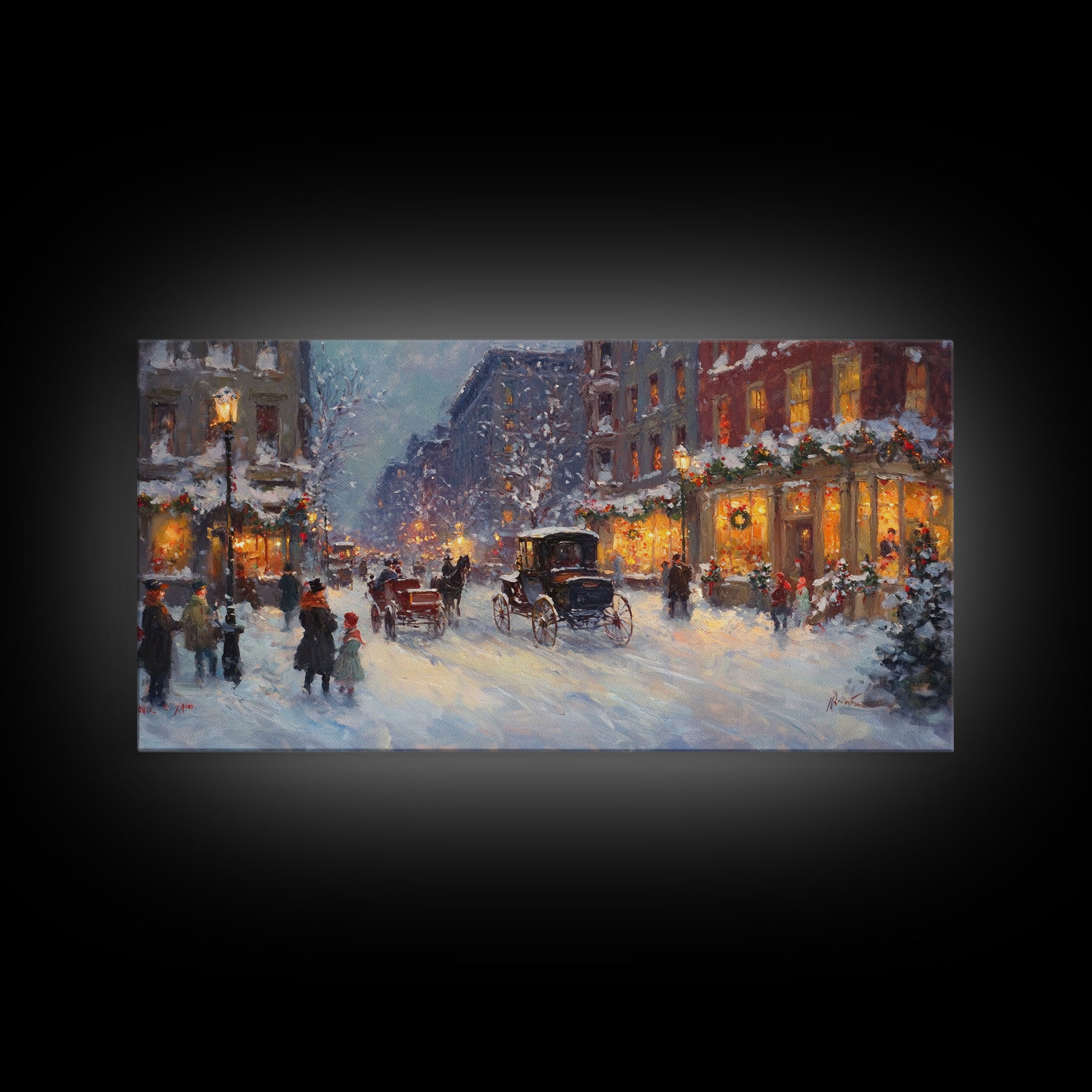 Victorian Christmas Market Tall Art Framed Canvas Print Winter Street Scene With Holiday Decorations And Horse-Drawn Carriages In Snow