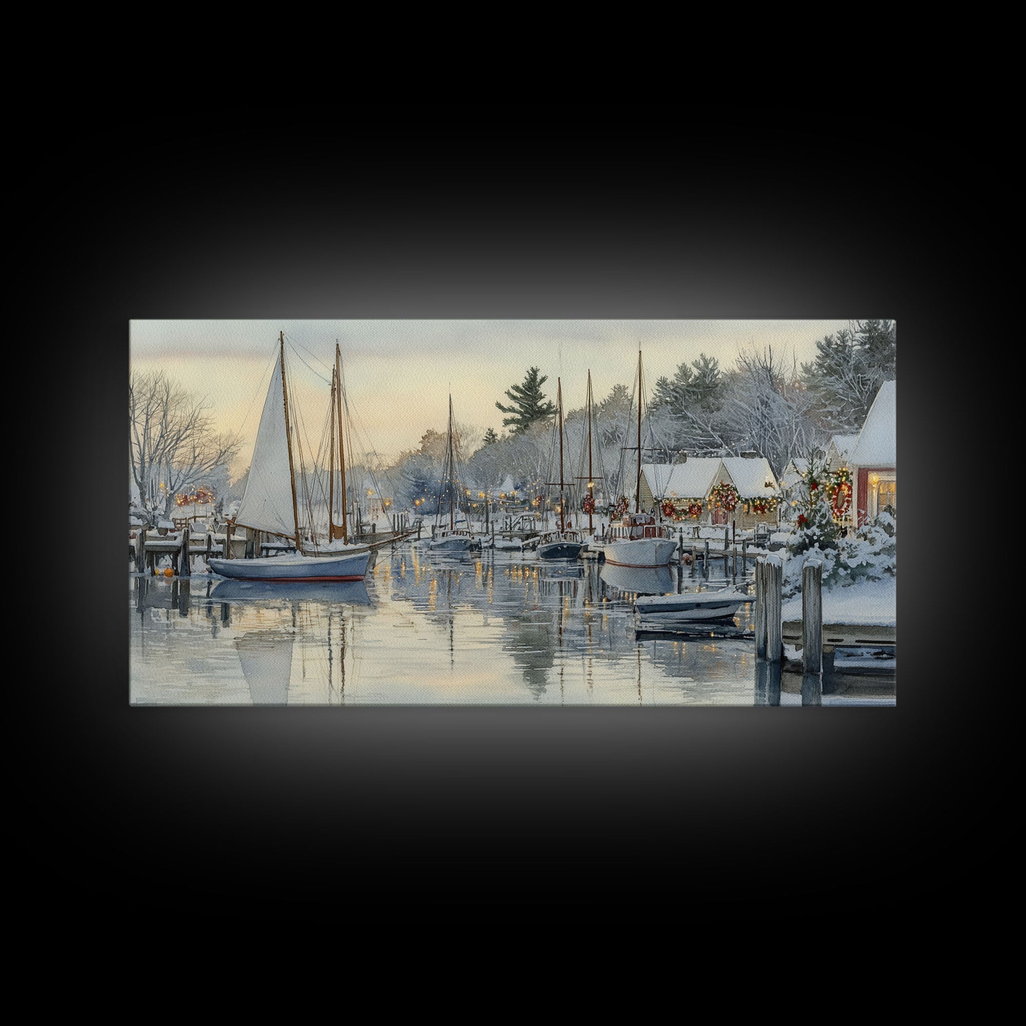 Snowy Boats at a Festive Pier Scene, Framed Canvas Print, Coastal Christmas Decor, Art, Winter Wonderland, Nautical Christmas Wall Print