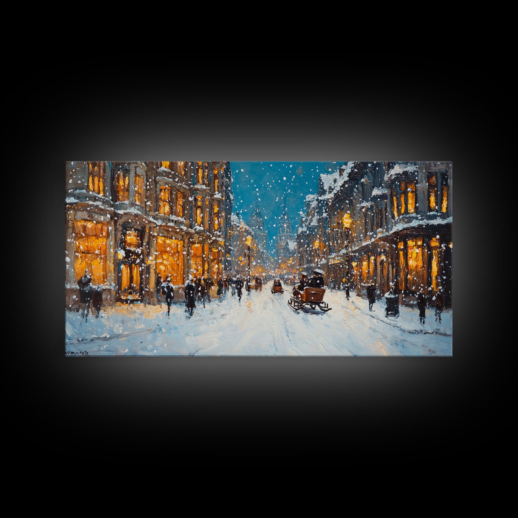 Large Framed Canvas Print Winter Wonderland Snowy City Street Art with Horse Carriage Perfect Christmas Home Decor Holiday Wall Art