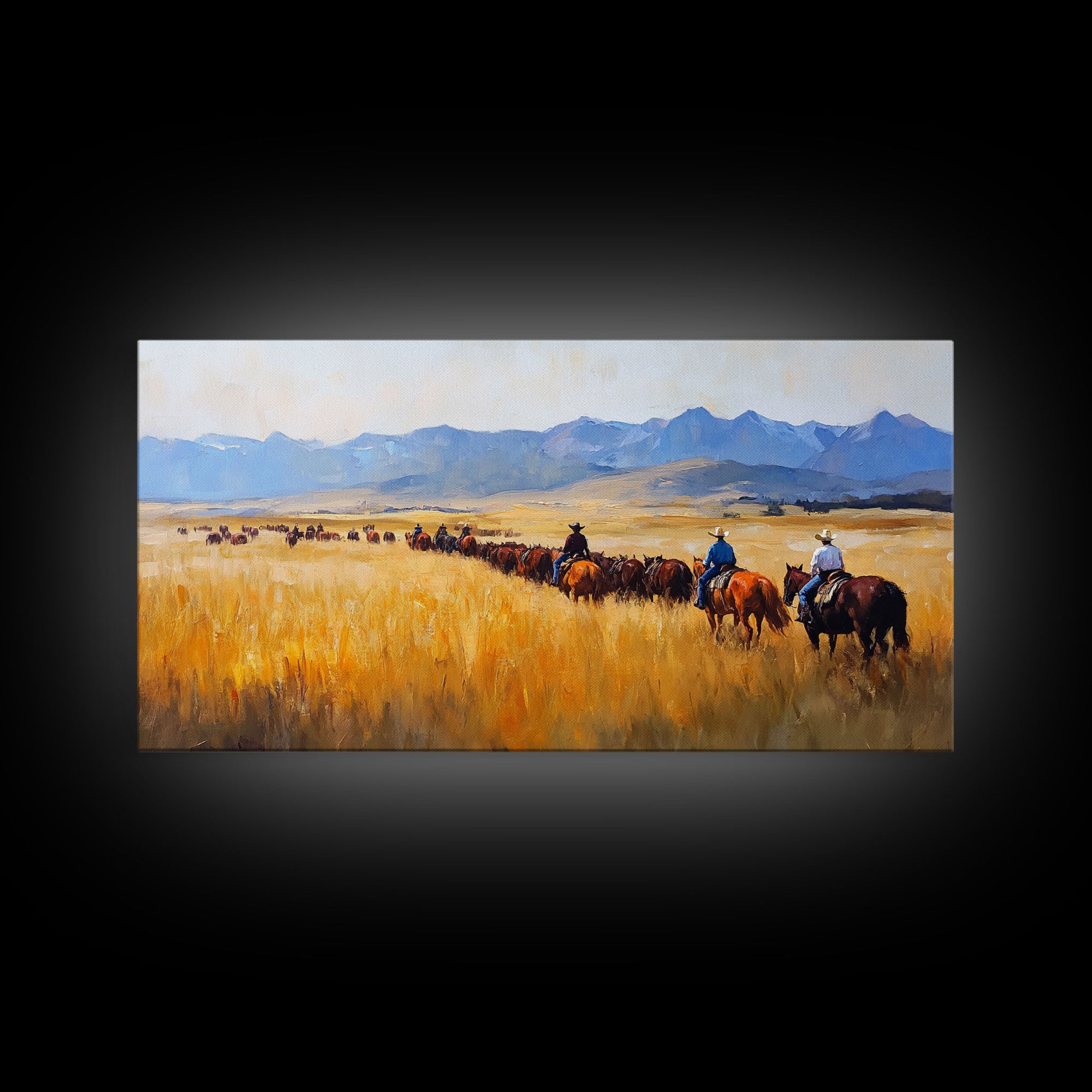 Cowboys Framed Canvas Print Western Country Horse Ride Scenic Art Large Landscape Wall Decor Ideal Holiday and Ranch Home Gift