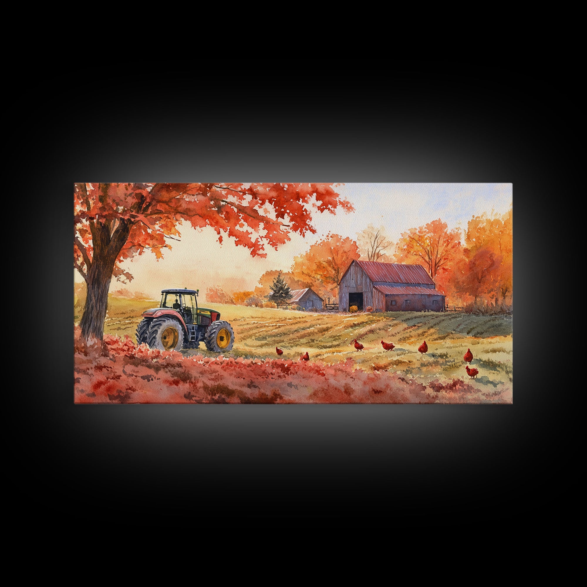 Tractor in Fall Field with Barn, Watercolor Wall Art, Farmhouse Autumn Decor, Framed Canvas Print, Home Decor, Above Sofa Art, Gift Idea