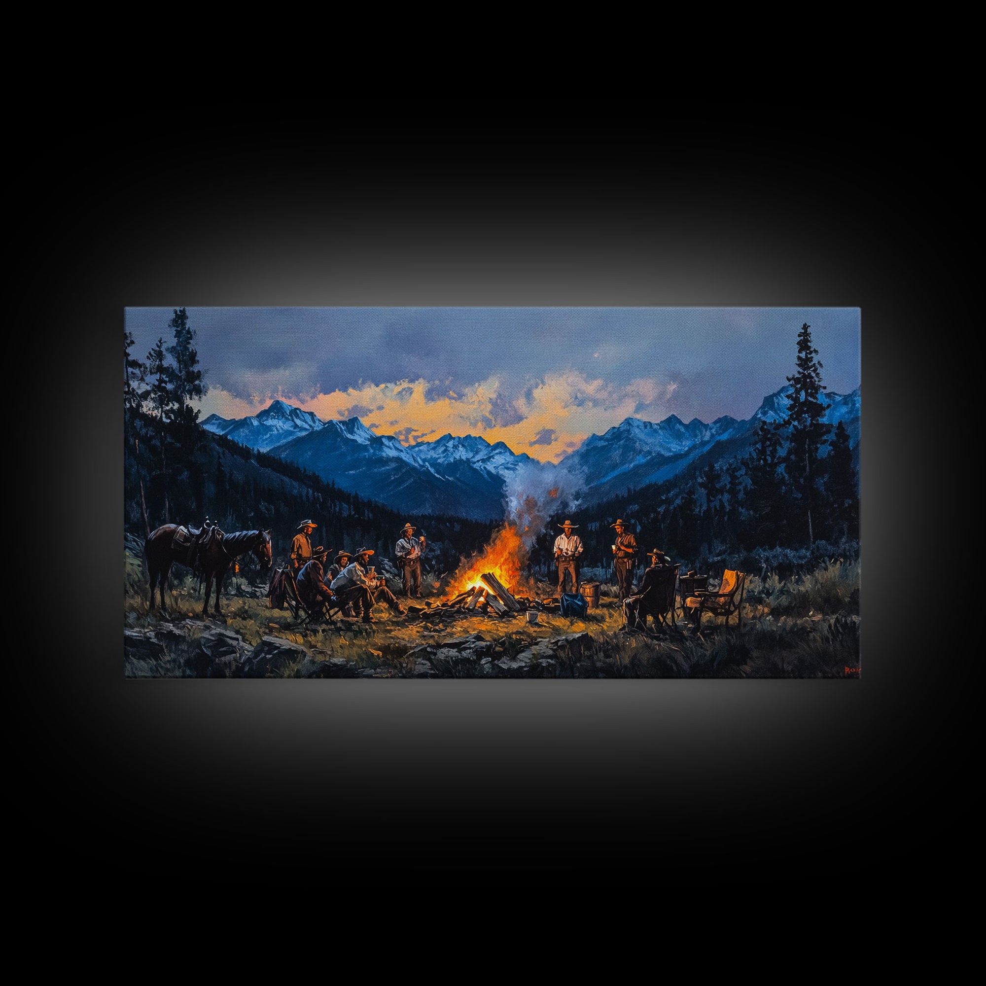 Framed Canvas Print Western Cowboys Campfire Evening Art Landscape Rustic Winter Mountain Home Decor Extra Large Wall Art Gift