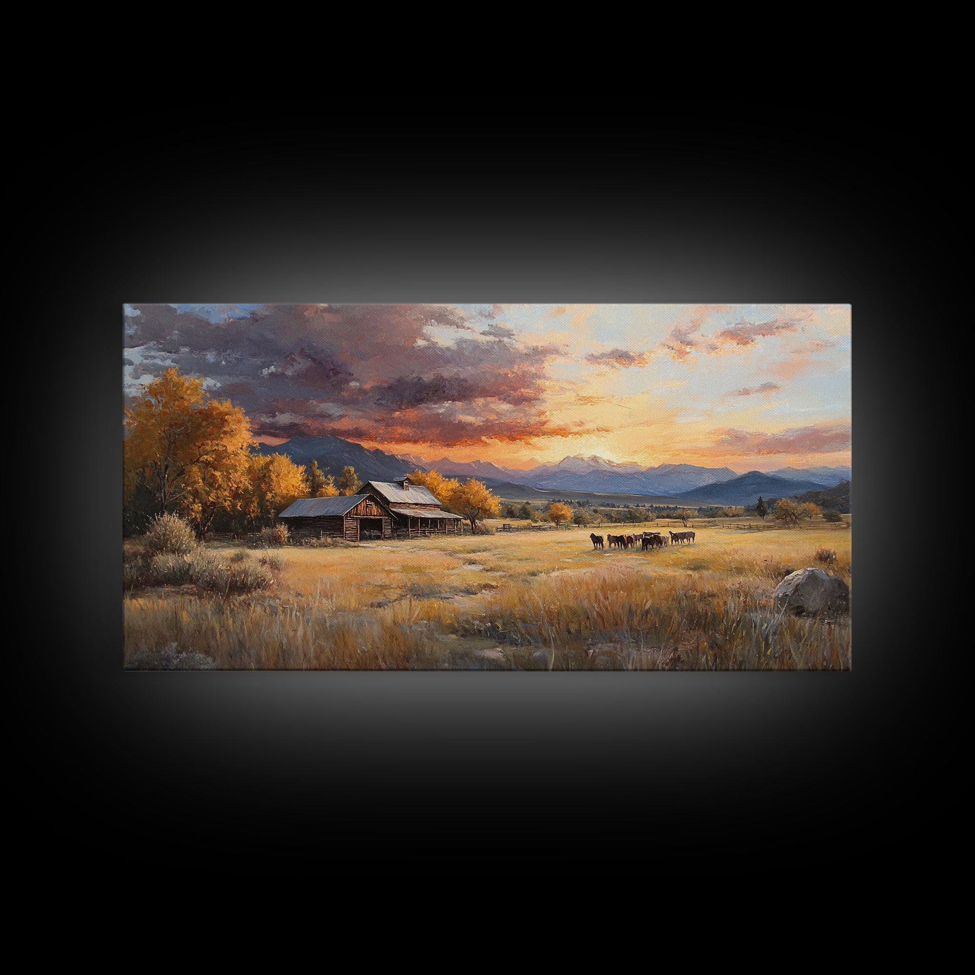 Sunset Ranch Framed Canvas Print Scenic Landscape Art Autumn Mountain Wall Decor Ideal Holiday and Fall Home Decor Extra Large Art