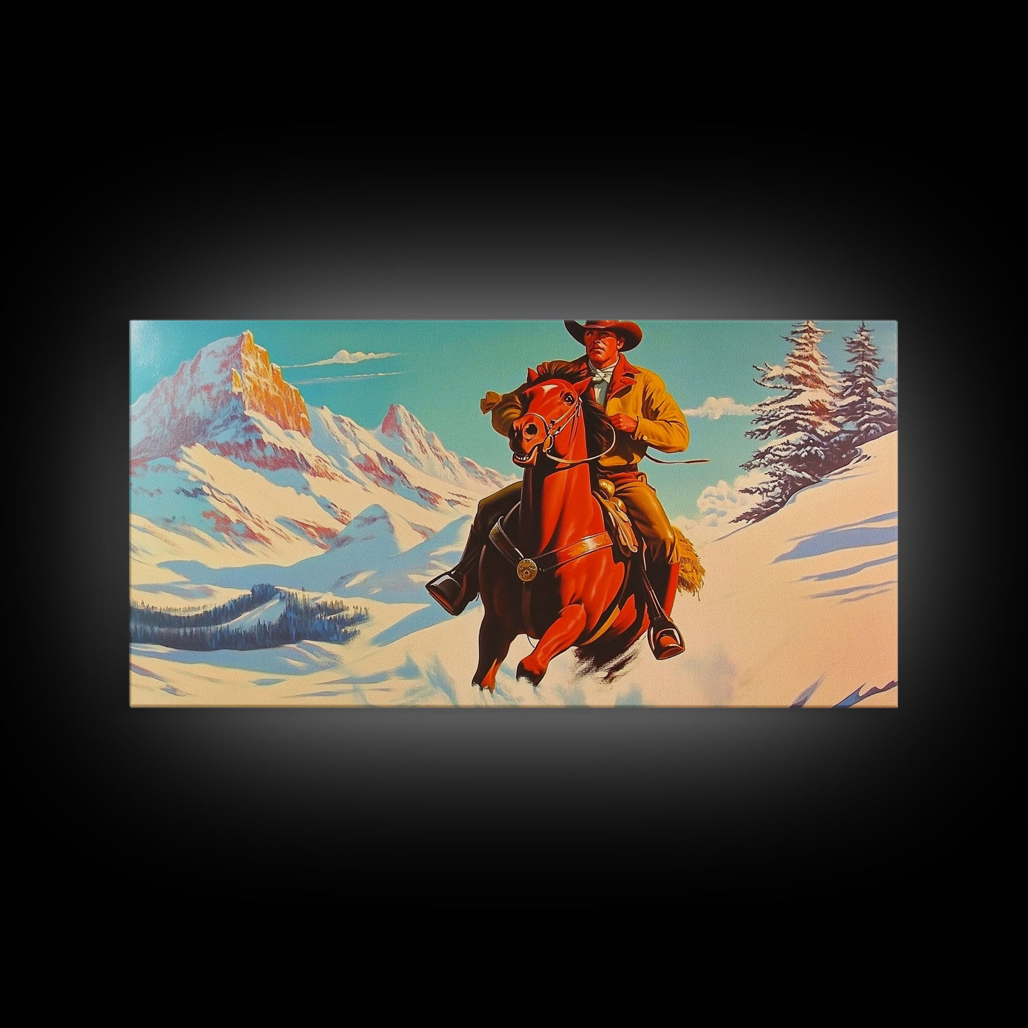 Cowboy in red jacket riding through snow-covered forest, Framed Canvas Print, vibrant winter wall art, rustic western decor