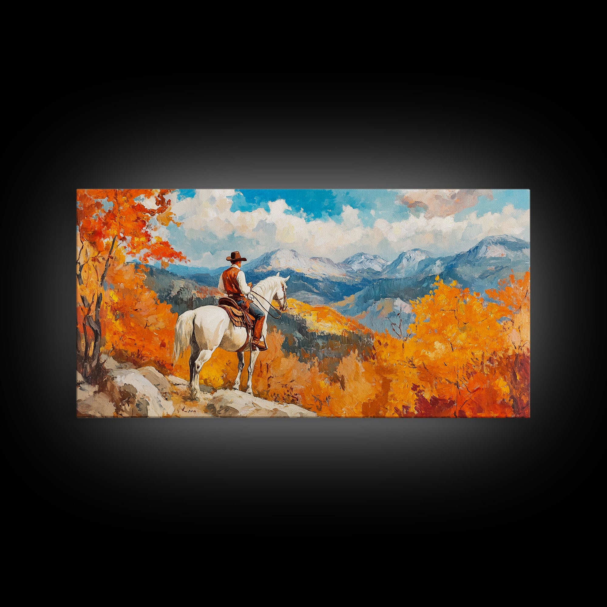 Cowboy on autumn swing, Framed Canvas Print, rustic Western art with vibrant fall, tall framed canvas print autumn decor farmhouse wall art