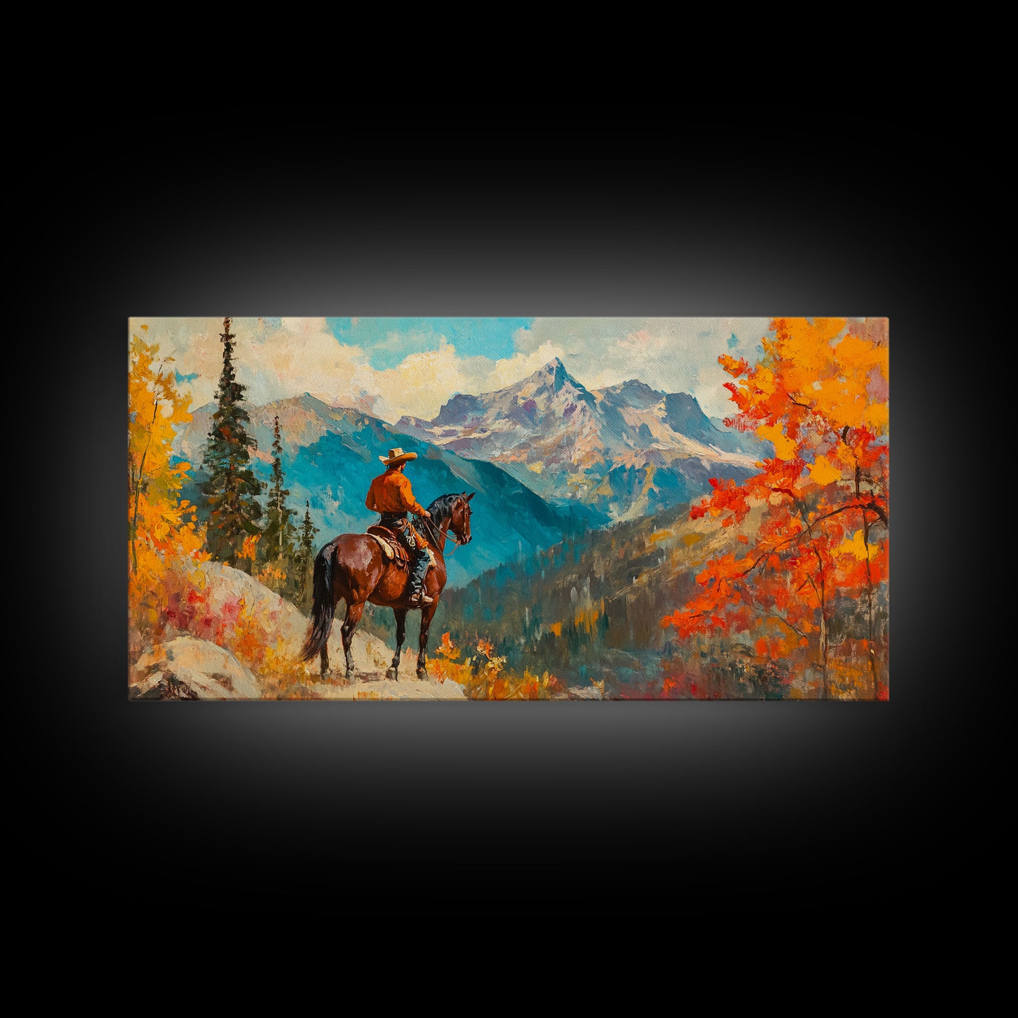 Female cowboy in fall forest, Framed Canvas Print, tall striking artwork rustic or modern farmhouse seasonal wall art