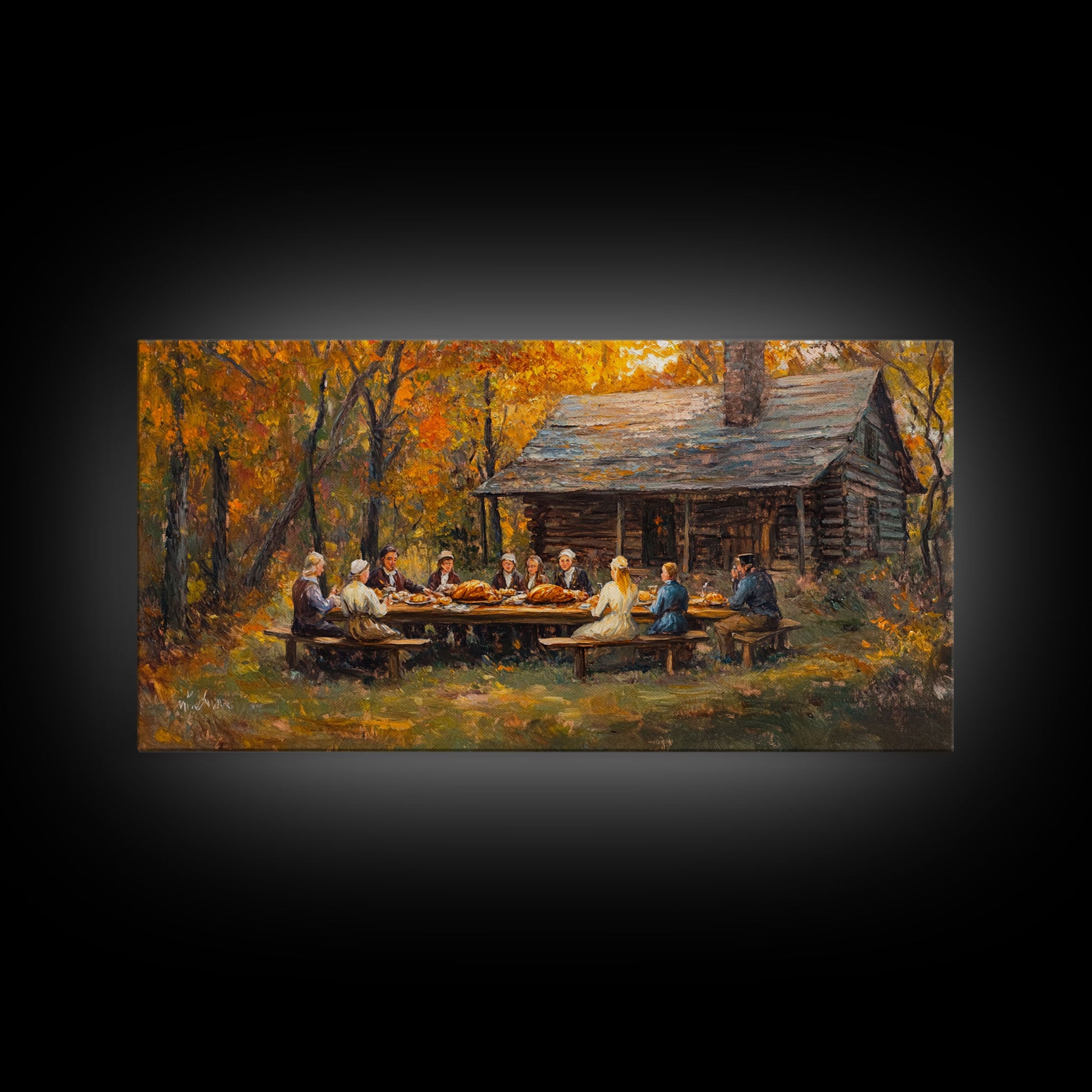 Thanksgiving Dinner With Family At Rustic Cabin, Cozy Fall Harvest Scene Wall Art, Warm Autumn Framed Canvas Print, Country Decor