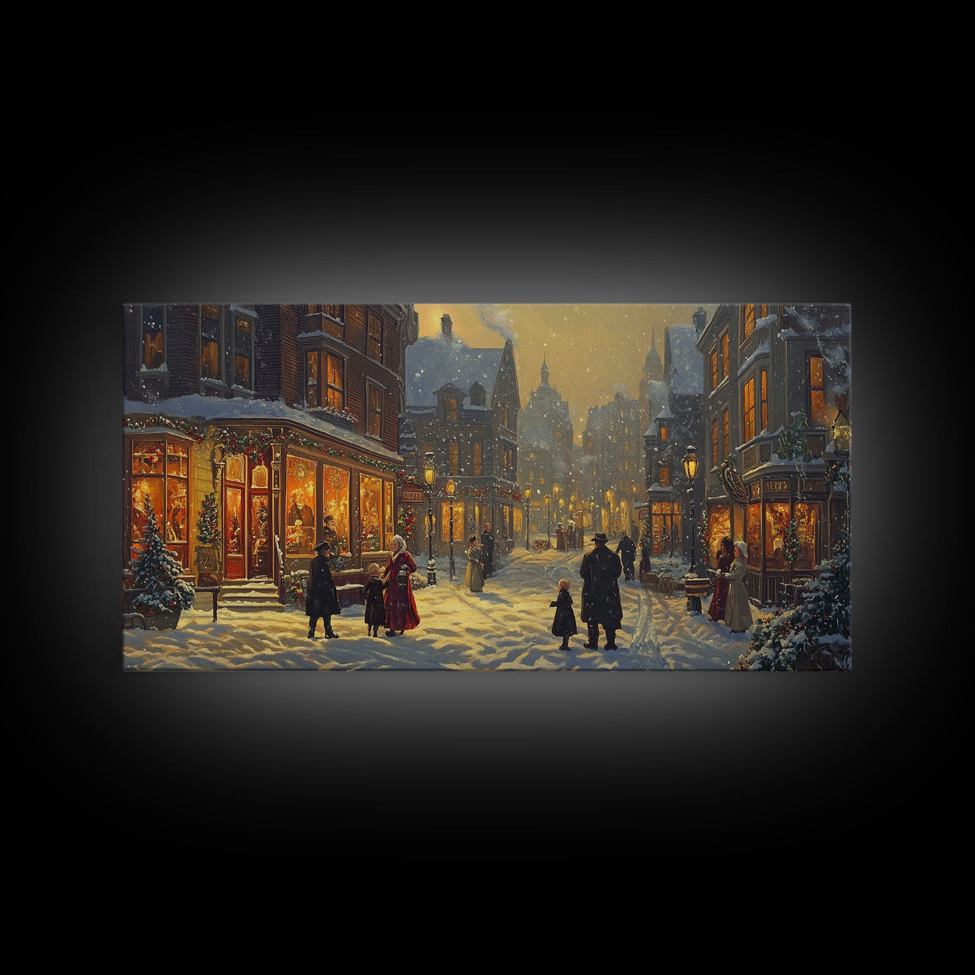 Victorian Christmas Street Scene With Families Shopping, Cozy Winter Wonderland Wall Art, Framed Canvas Print, Vintage Christmas Decor