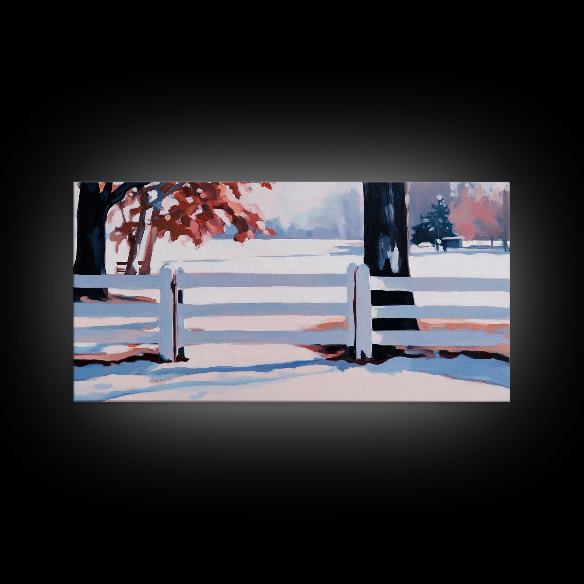 Winter Landscape Framed Canvas Print, Moody Landscape Wall Art, Snowy Trees and Fence Scene, Christmas Home Decor, Seasonal Winter Wall Art