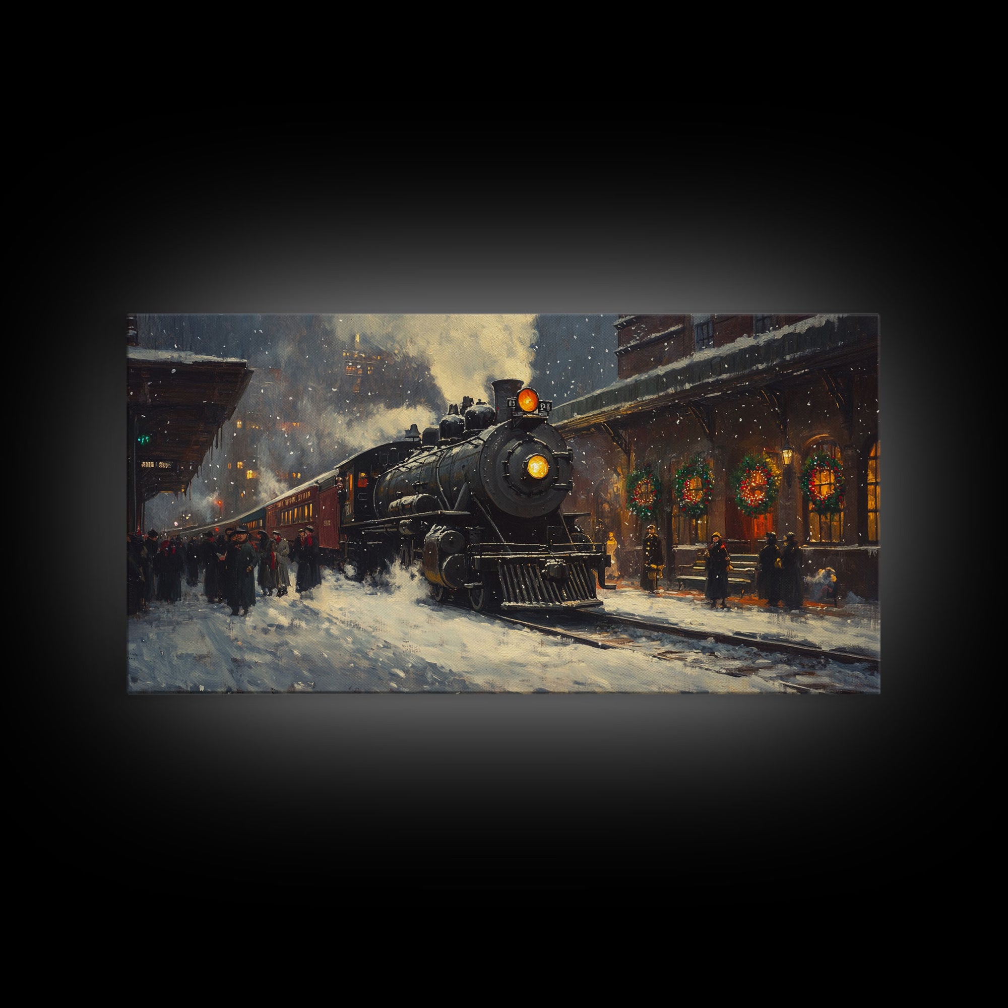 Winter Train Station Framed Canvas Print, Snowy Christmas Scene, Vintage Holiday Decor, Christmas Home Decor, Trendy Christmas Art