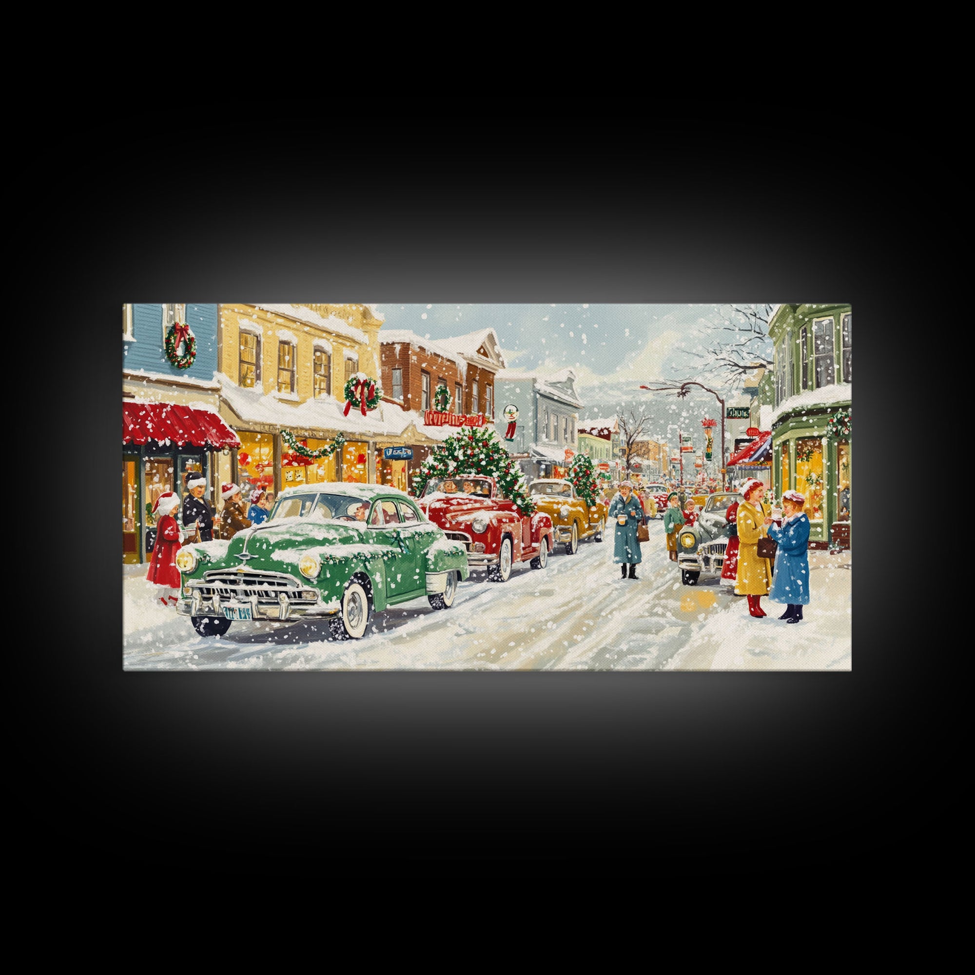 Festive Small Town Framed Canvas Print, Retro Christmas Village Scene, Vintage Christmas Decor, Christmas Vacation Art, Holiday Wall Art