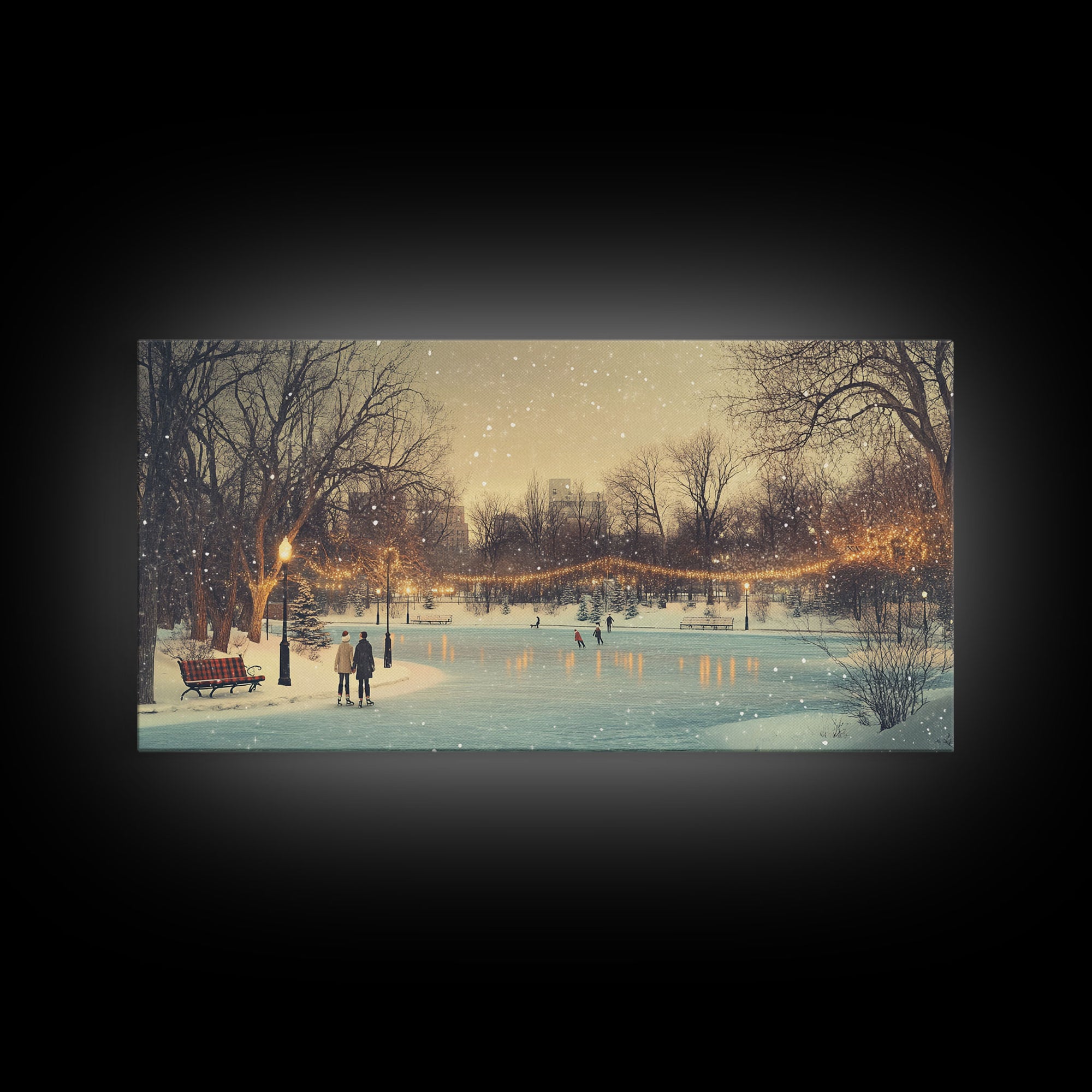 Snowy Ice Skating Framed Canvas Print, Winter Wonderland Scene Art, Vintage Christmas Decor, Christmas Vacation Art, Best Holiday Wall Art