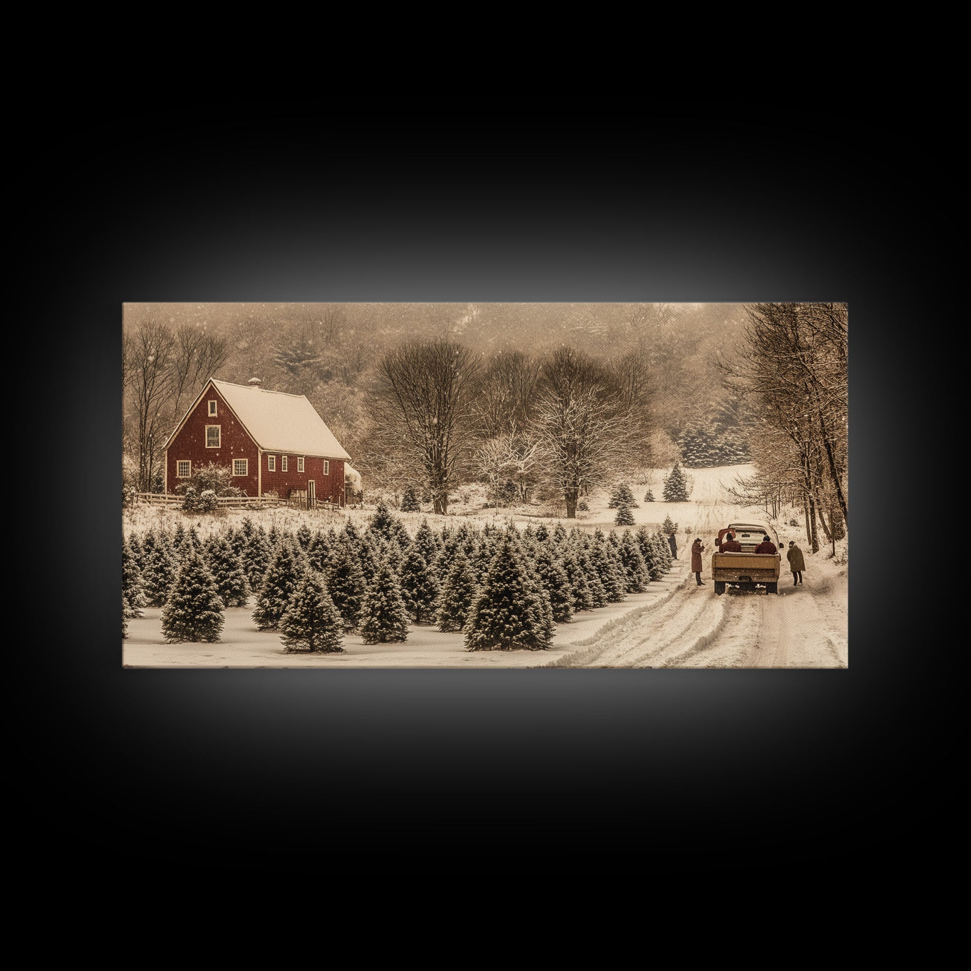 Snowy Farmhouse Christmas Tree Framed Canvas Print - Country Christmas Decor with Rustic Vintage Charm and Holiday Wall Art