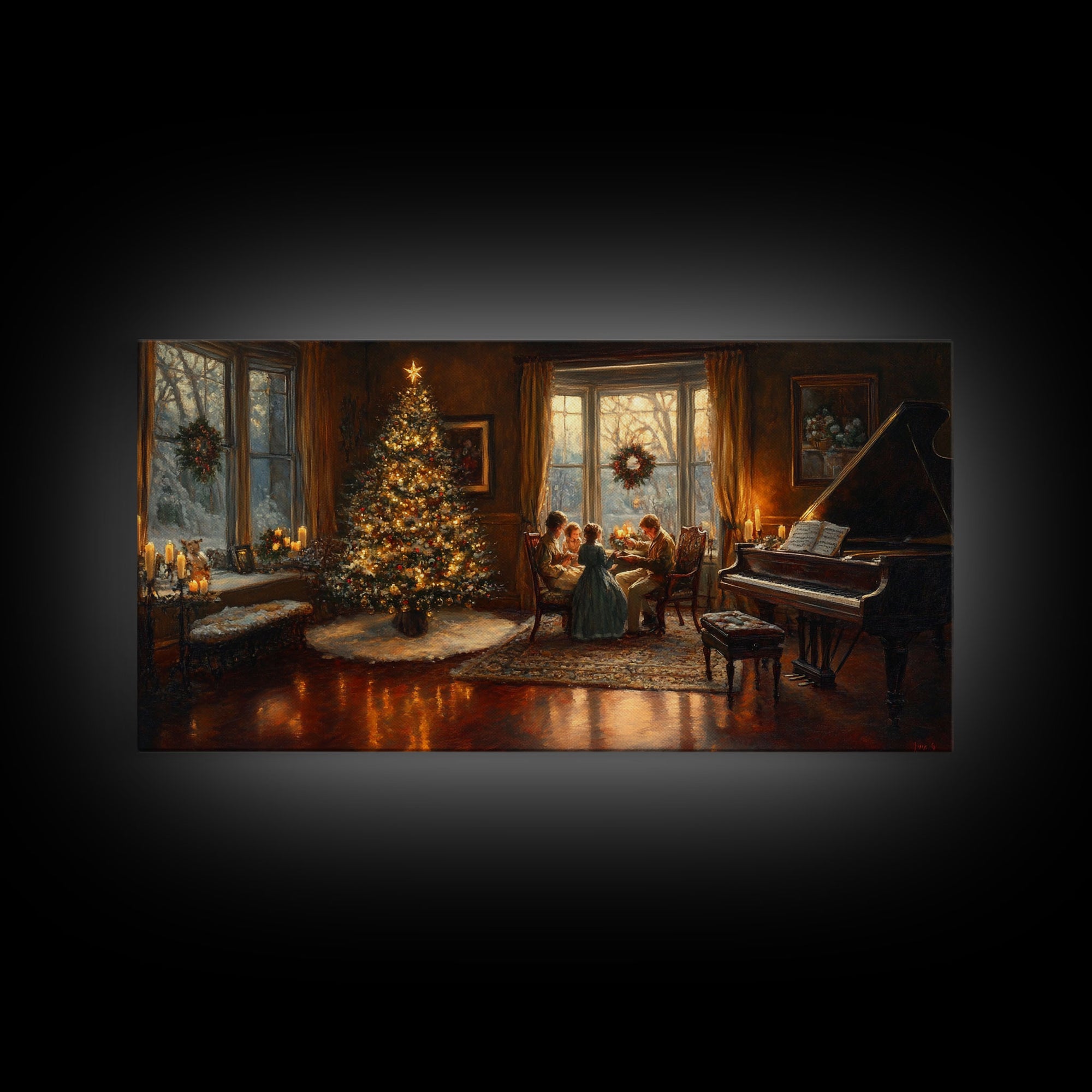 Family Gathering by Christmas Tree Framed Canvas Print - Warm Christmas Home Decor with Vintage Charm and Classic Holiday Wall Art