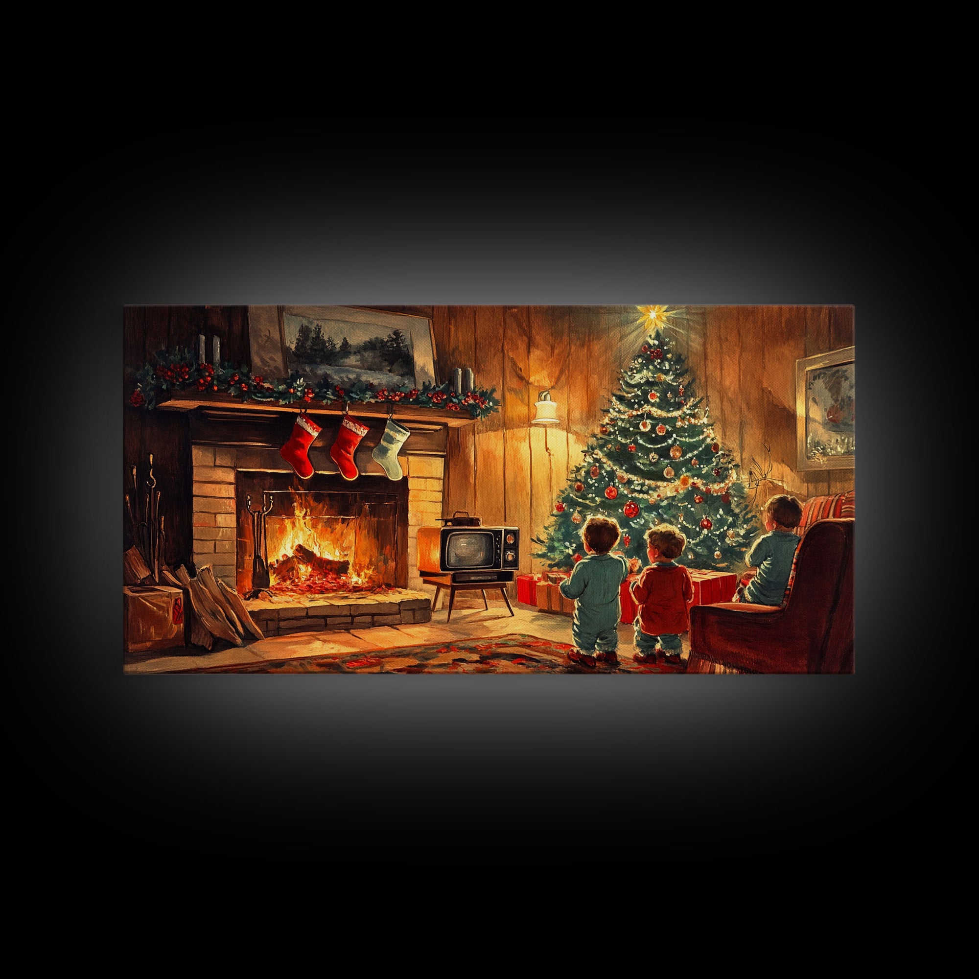 Vintage Christmas living room scene with fireplace and children, 2024 Christmas home decor, framed canvas print, vintage Christmas wall art