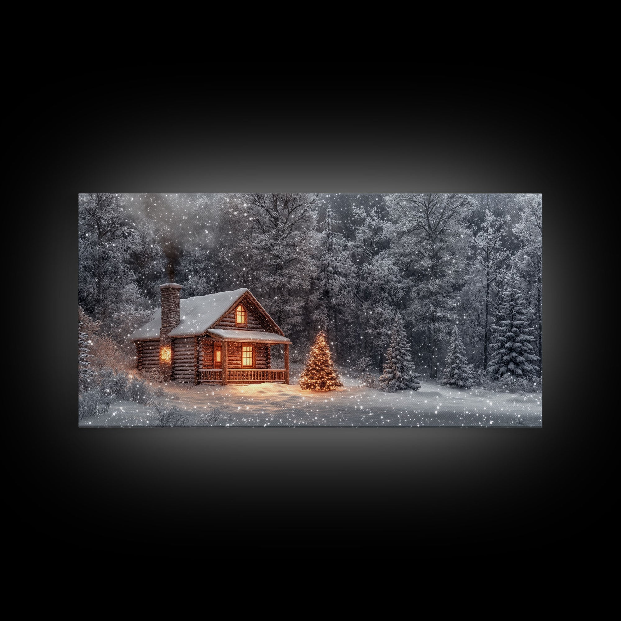 Winter cabin with Christmas tree outdoor decor, snowy landscape art, framed canvas print, winter wonderland wall art, holiday decor