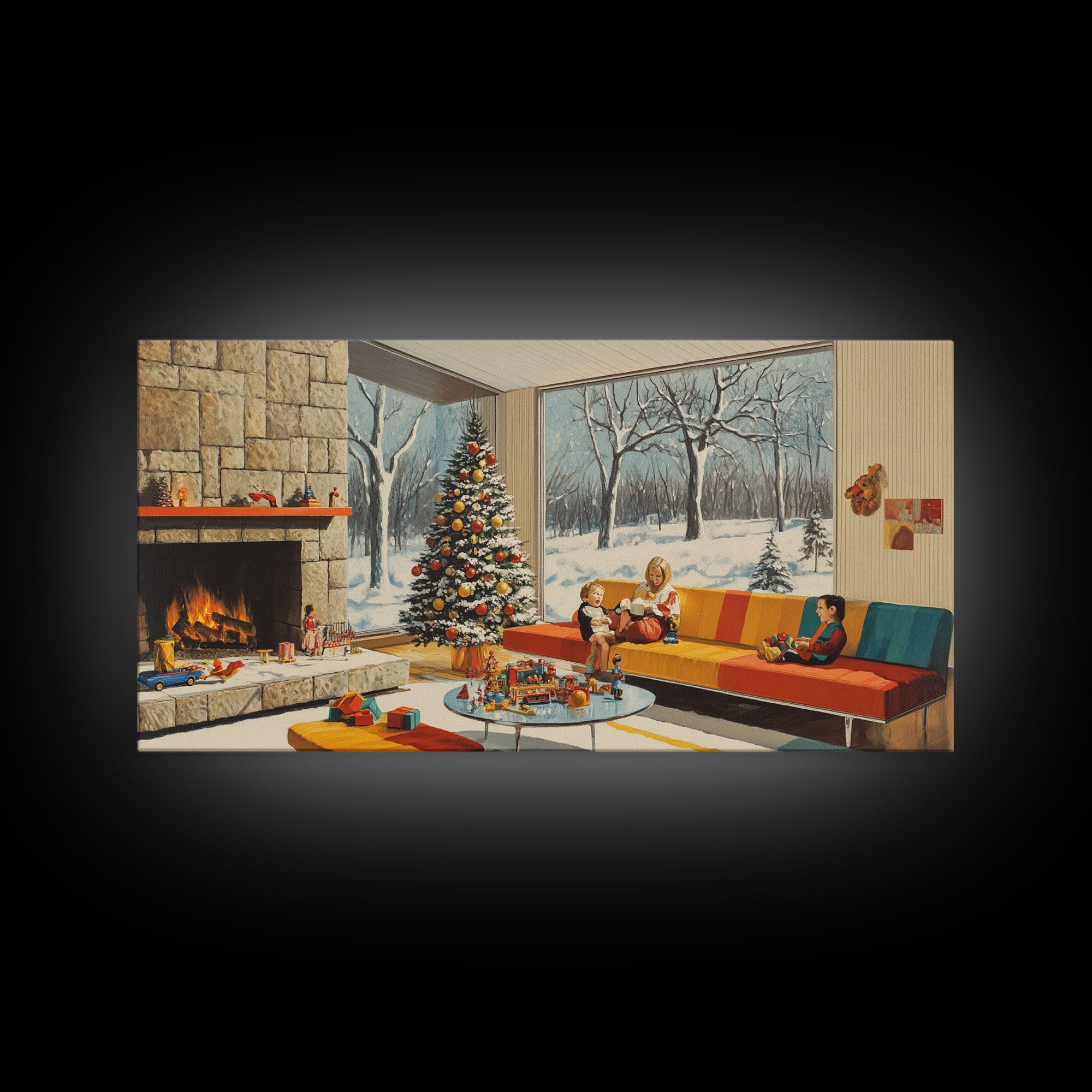 Mid century modern Christmas scene with fireplace and tree, retro Christmas decor, framed canvas print, 1960s Christmas home decor