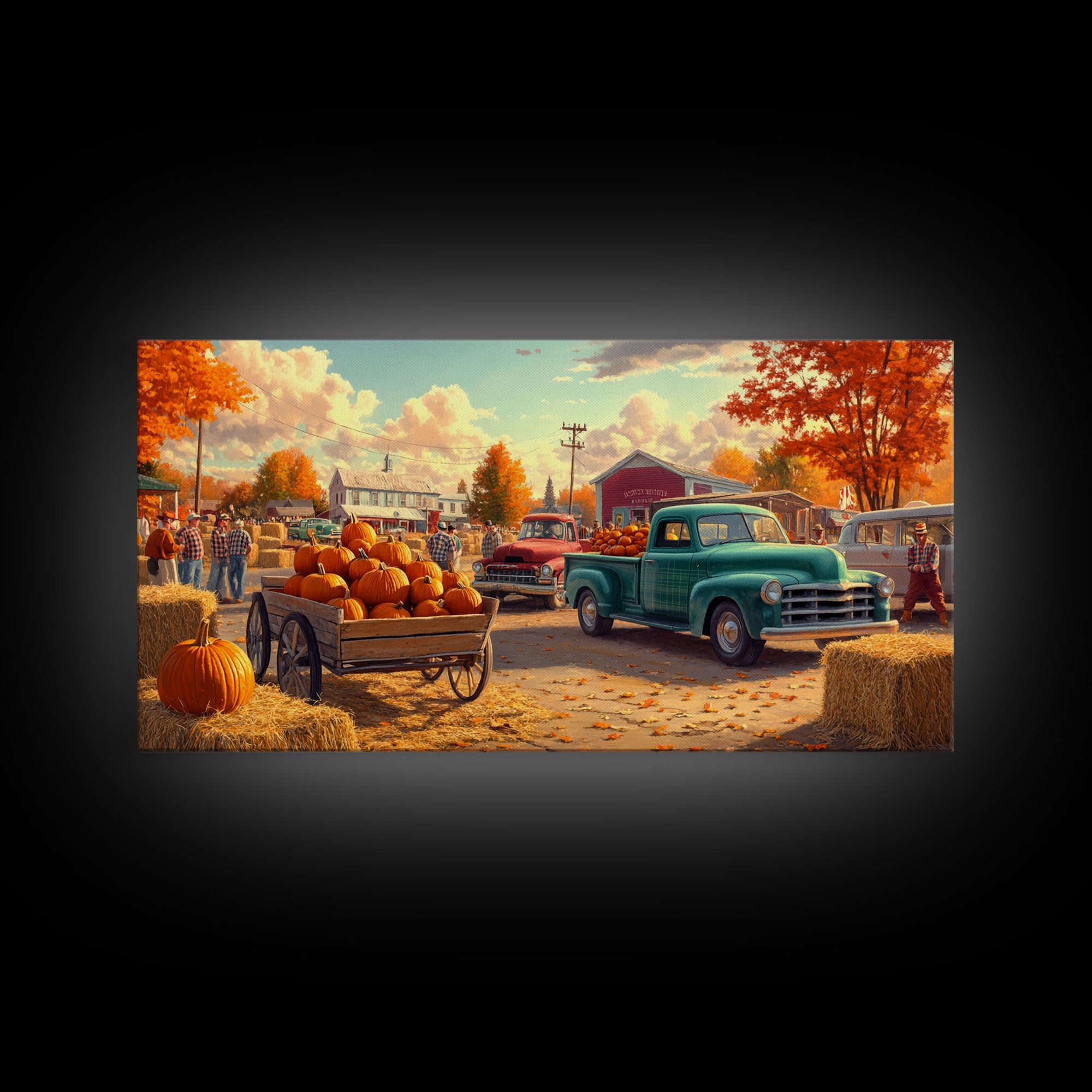 Fall pumpkin harvest with vintage trucks, country autumn decor, canvas print, fall farmhouse wall art, seasonal decor