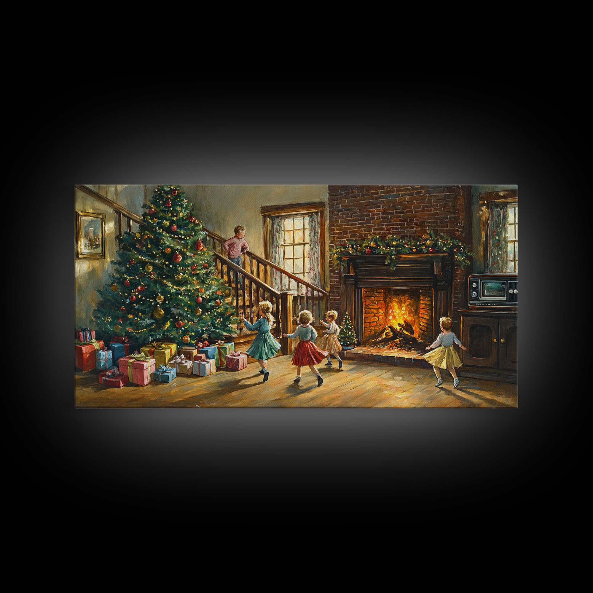 Vintage Christmas living room with fireplace and tree, children and presents, framed canvas print, Christmas decor, holiday wall art