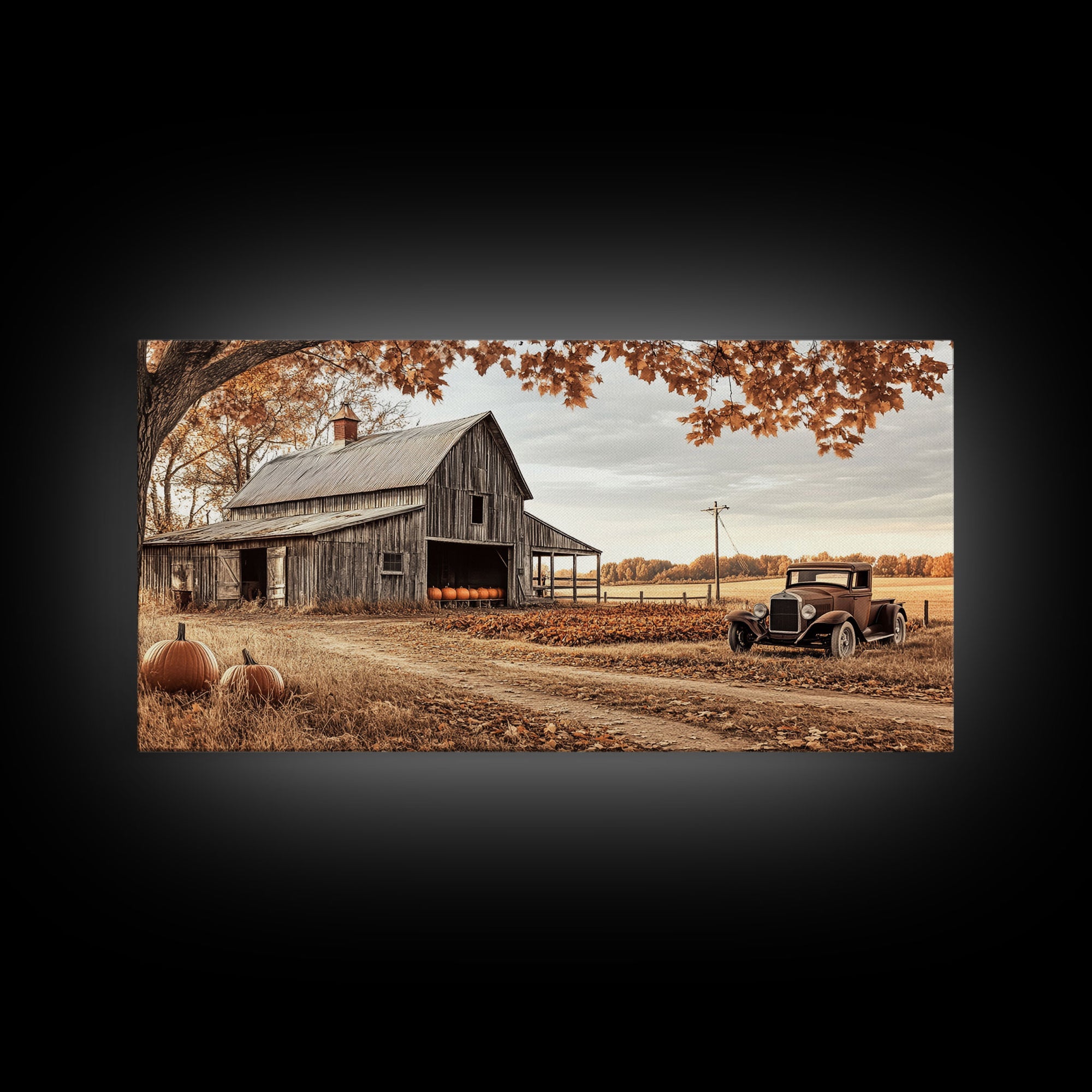 Farmhouse Autumn Decor Framed Canvas Print with Rustic Truck and Barn, Fall Country Art Wall Decor, Pumpkin Harvest Gift Idea Seasonal Decor