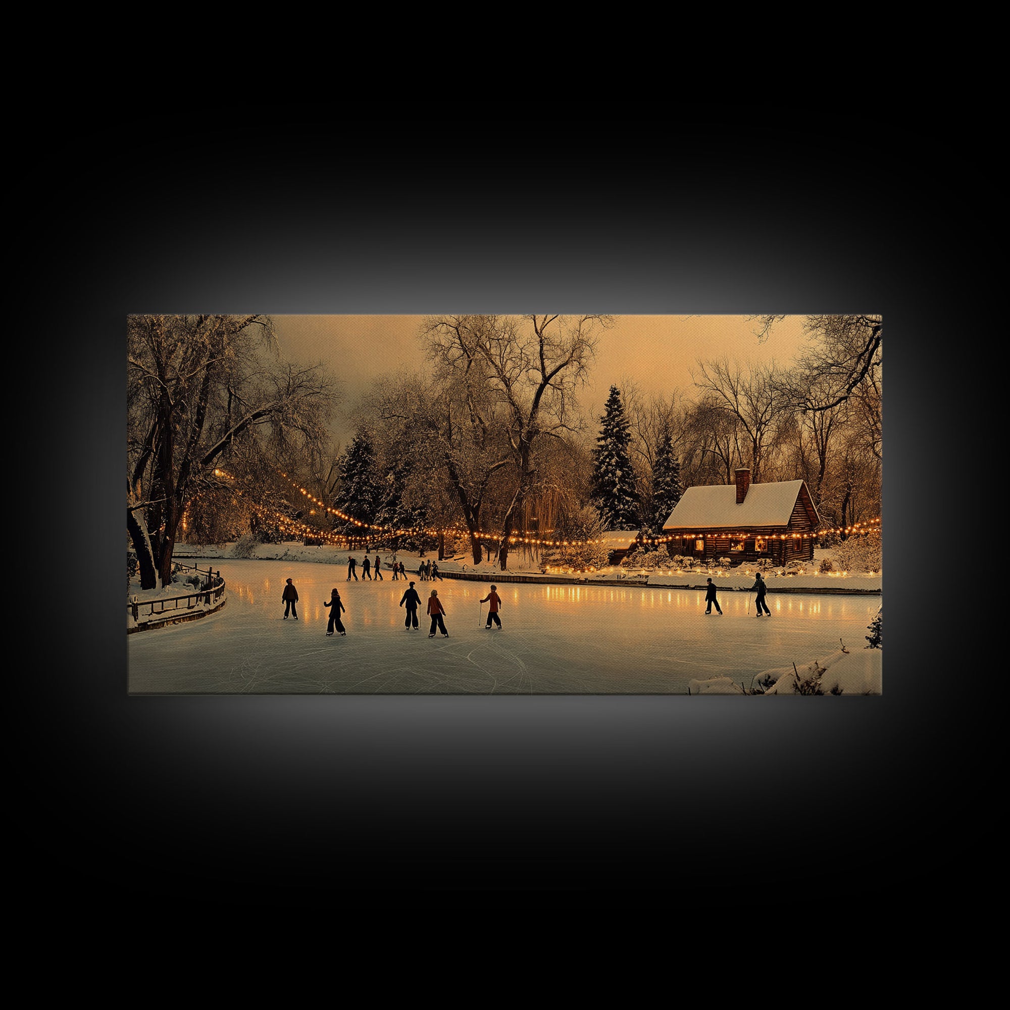 Winter Wonderland Ice Skating Framed Canvas Print, Rustic Christmas Art, Holiday Scene Wall Decor, Best Christmas Gift, Winter Landscape Art